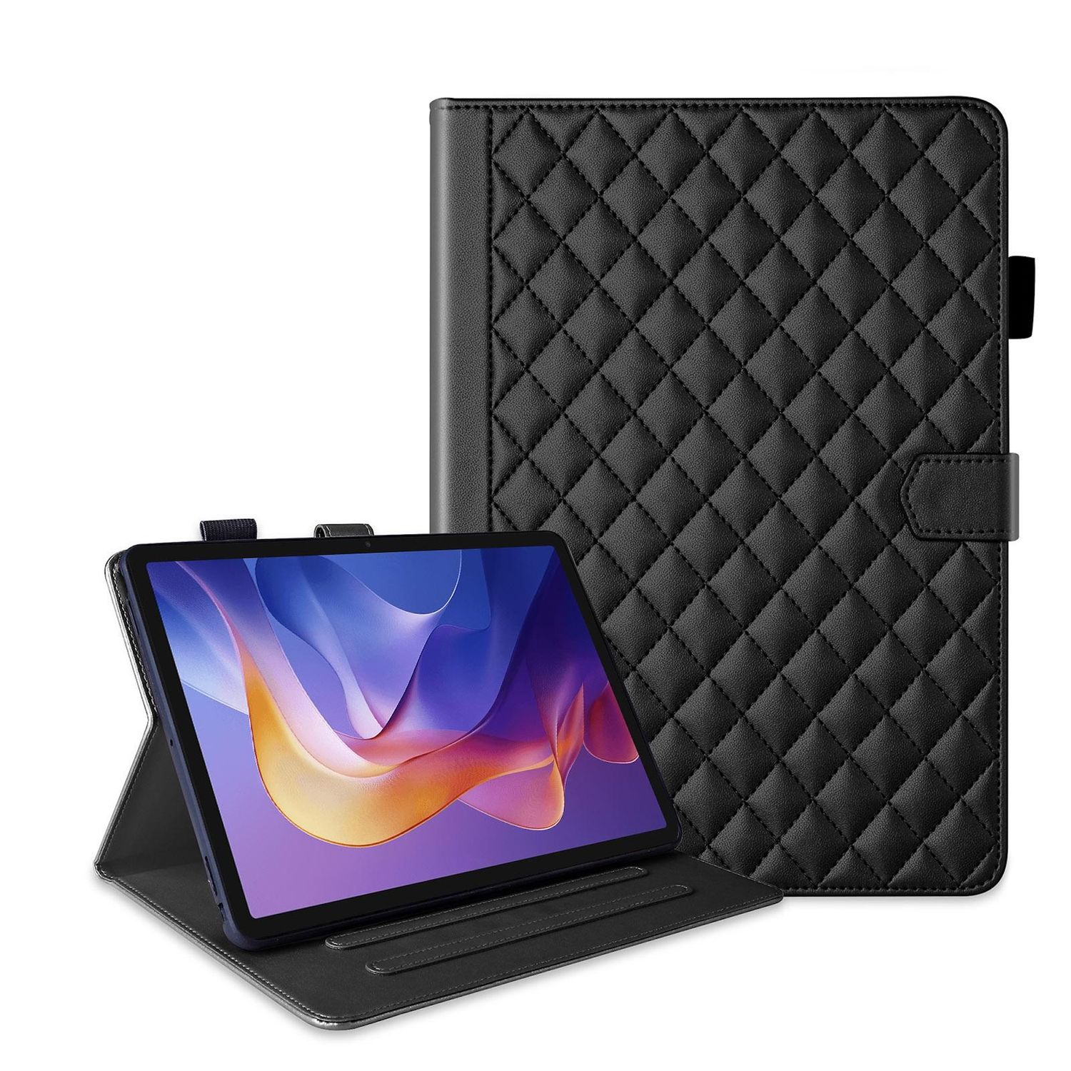 Schwarzes Tablet mit farbenfrohem, abstraktem Design in einer schwarzen, gesteppten Hülle. Die Hülle ist offen und ein anderer Teil steht auf.