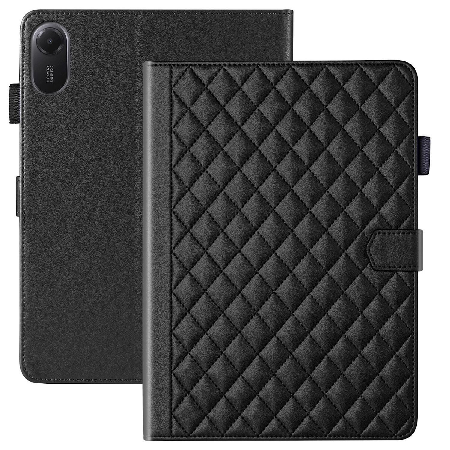 Eine schwarze Tablethülle, eine offen, Steppmuster auf der Vorderseite. Der andere Teil ist einfarbig schwarz mit Kameradetails.