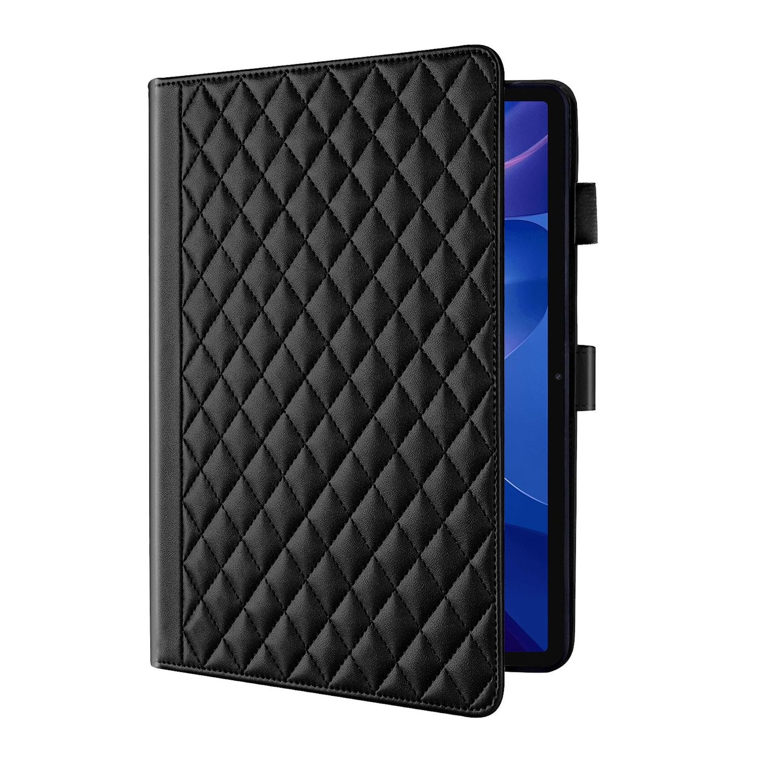 Eine schwarze Tablethülle mit Rautenmuster, teilweise geöffnet, zeigt einen blauen Bildschirm. Die Hülle hat einen Magnetverschluss.