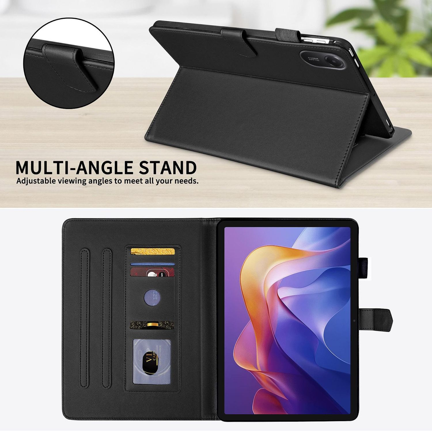 Schwarze Tablethülle mit Multi-Winkel-Ständer, geöffnet, um das Tablet freizugeben. Innenraum hat Kartenfächer. Text: 'MULTI-ANGLE STAND'.
