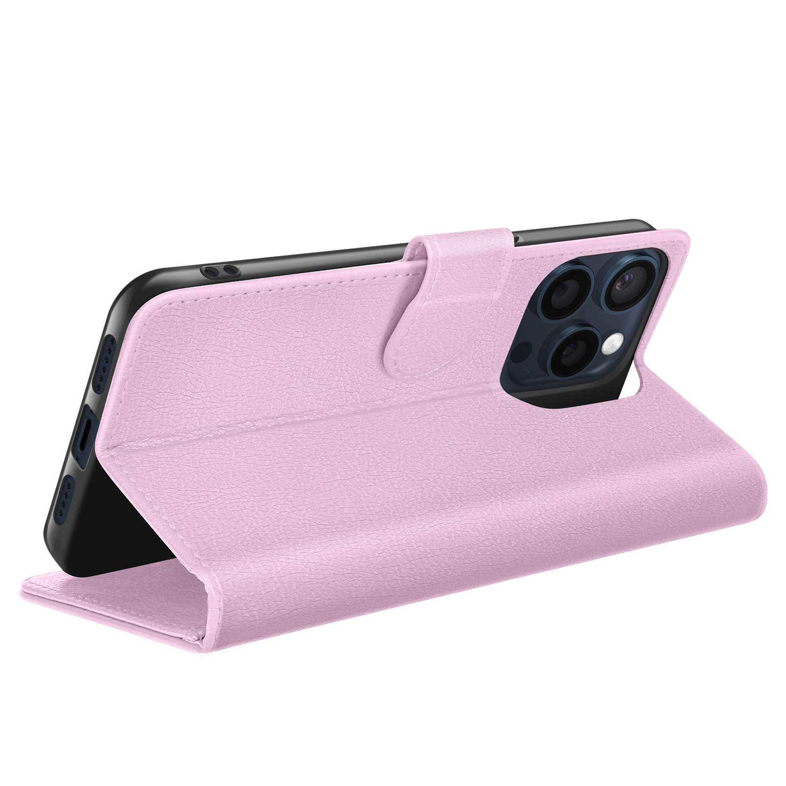 Een roze telefoonhoesje met flap is open, waardoor een zwarte telefoon zichtbaar is. De hoes heeft een getextureerd oppervlak. De achtergrond is wit.