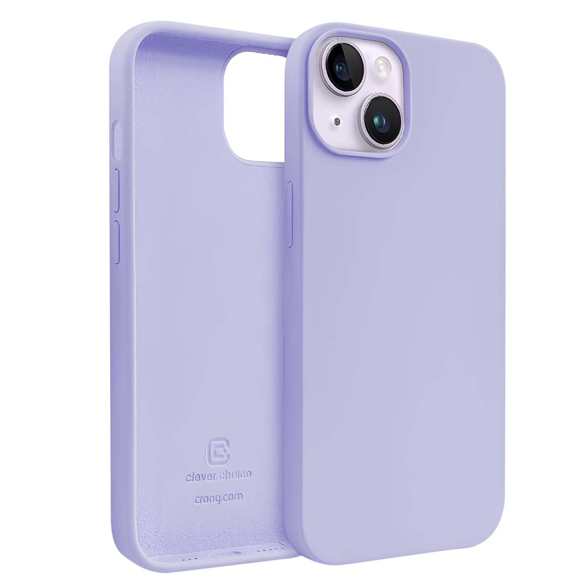 Una custodia per telefono lilla con un'apertura per le lenti della fotocamera e una custodia interna. La custodia ha il logo dell'azienda.