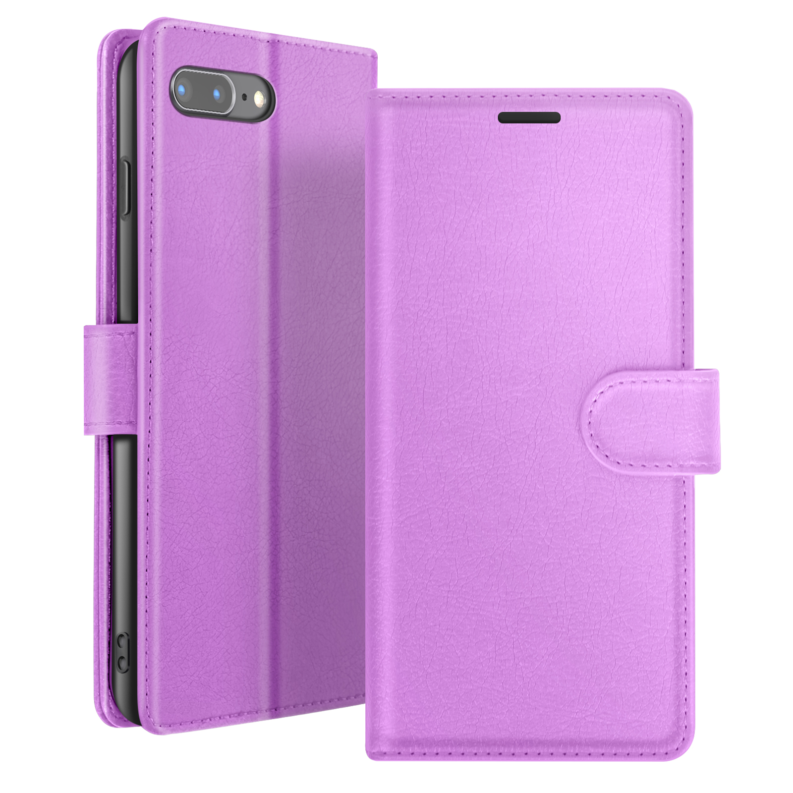 Un étui de téléphone violet, ouvert, montrant un téléphone à l'intérieur. L'étui a une surface texturée et une fermeture magnétique.