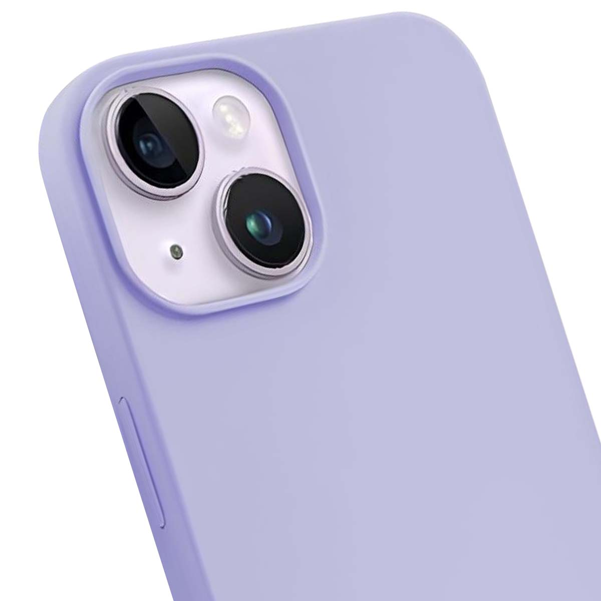 Primo piano di una custodia per telefono lavanda con lenti della fotocamera. La custodia ha una consistenza liscia. Lo sfondo è bianco.