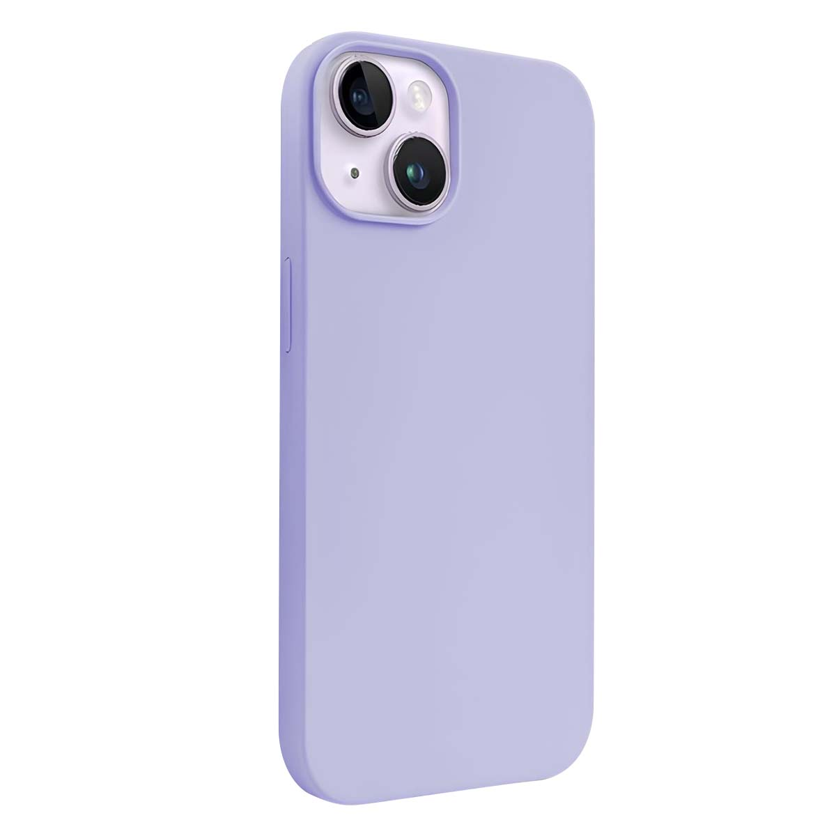 Una custodia per telefono lilla chiaro con ritagli per la fotocamera. La custodia è liscia e ha un design moderno e minimalista. Su sfondo bianco.