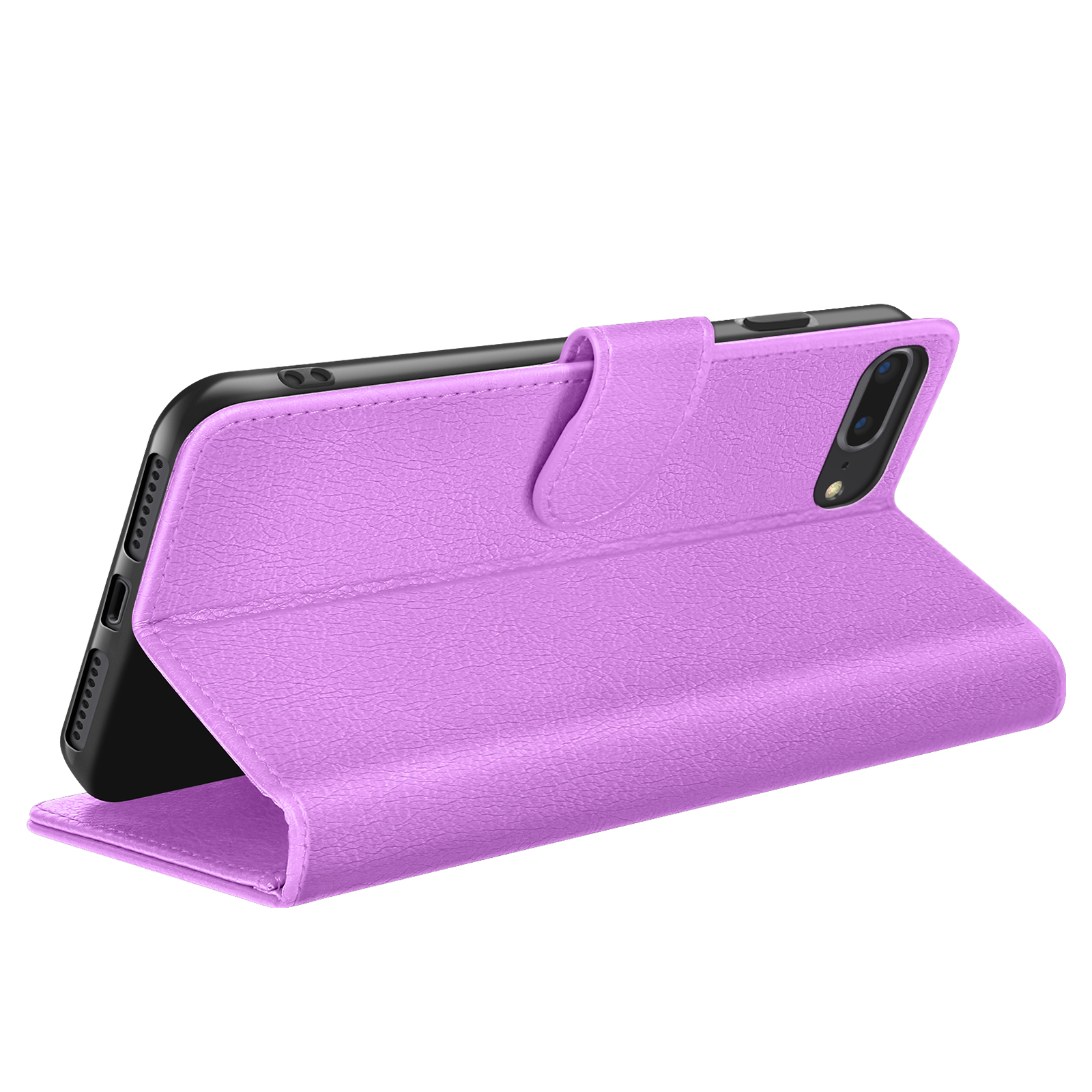 Un étui de téléphone lavande est ouvert, révélant un téléphone noir. L'étui a une surface texturée.