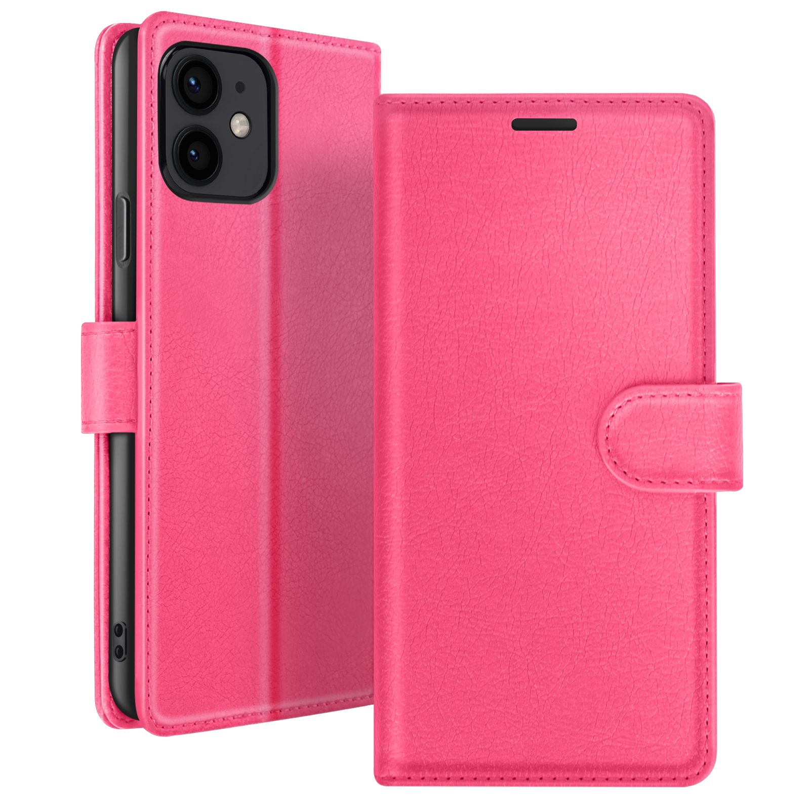 Una custodia rosa per telefono è aperta, mostrando il telefono. Realizzata in materiale strutturato con chiusura.