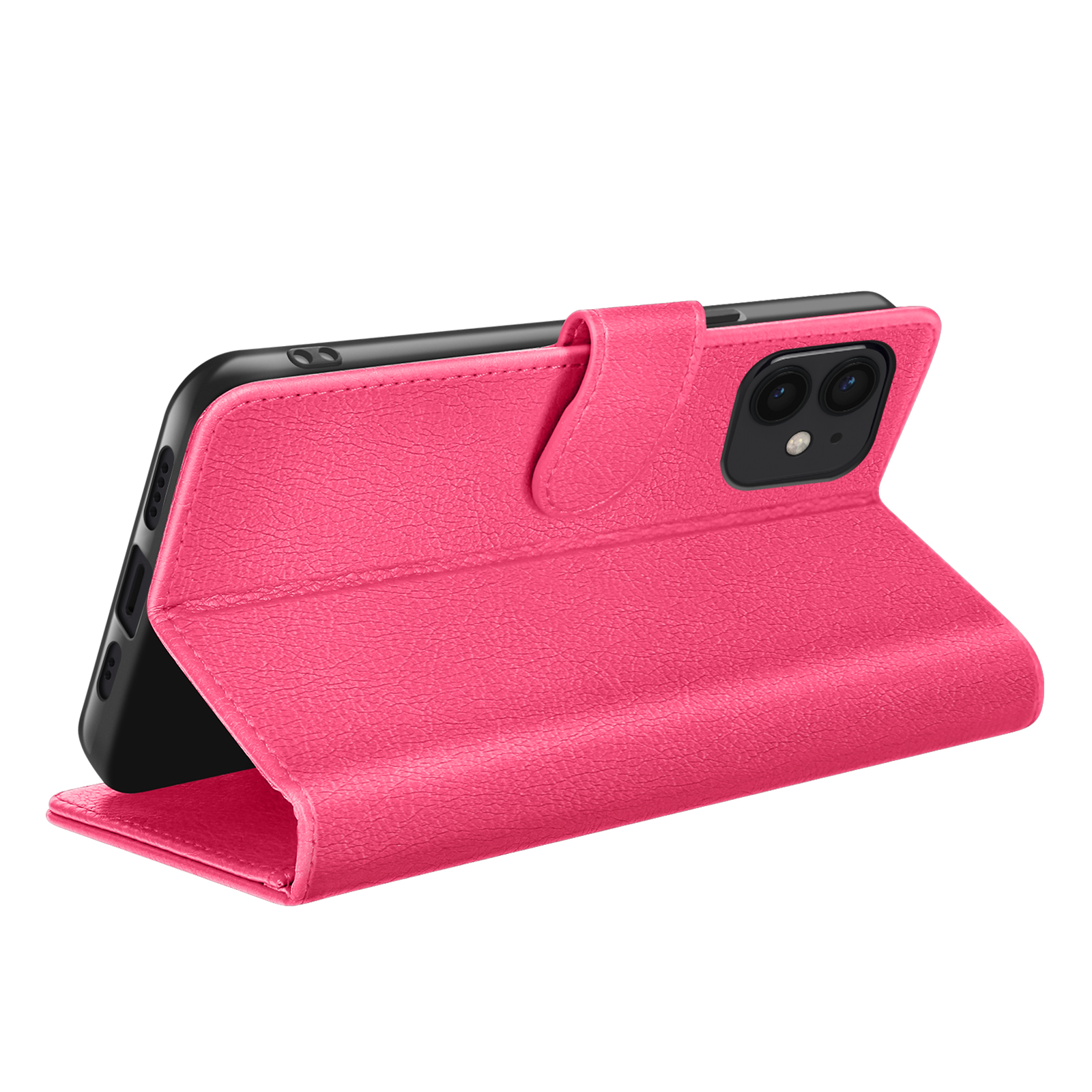 Una custodia per telefono in pelle rosa con un telefono all'interno, è aperta e in piedi. Lo sfondo è bianco.