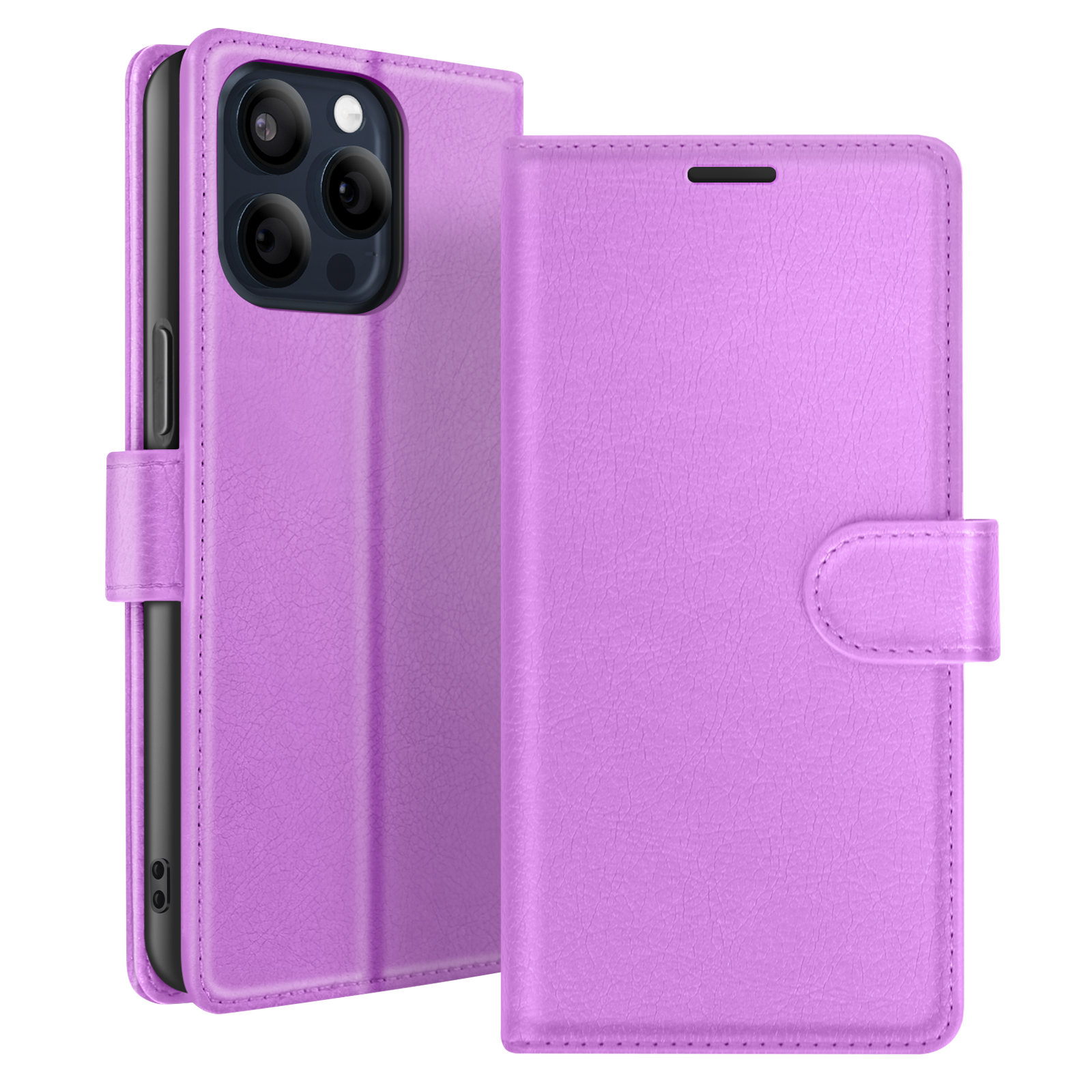 Una custodia per telefono viola è aperta. Il telefono è visibile a sinistra. La custodia ha una chiusura magnetica.