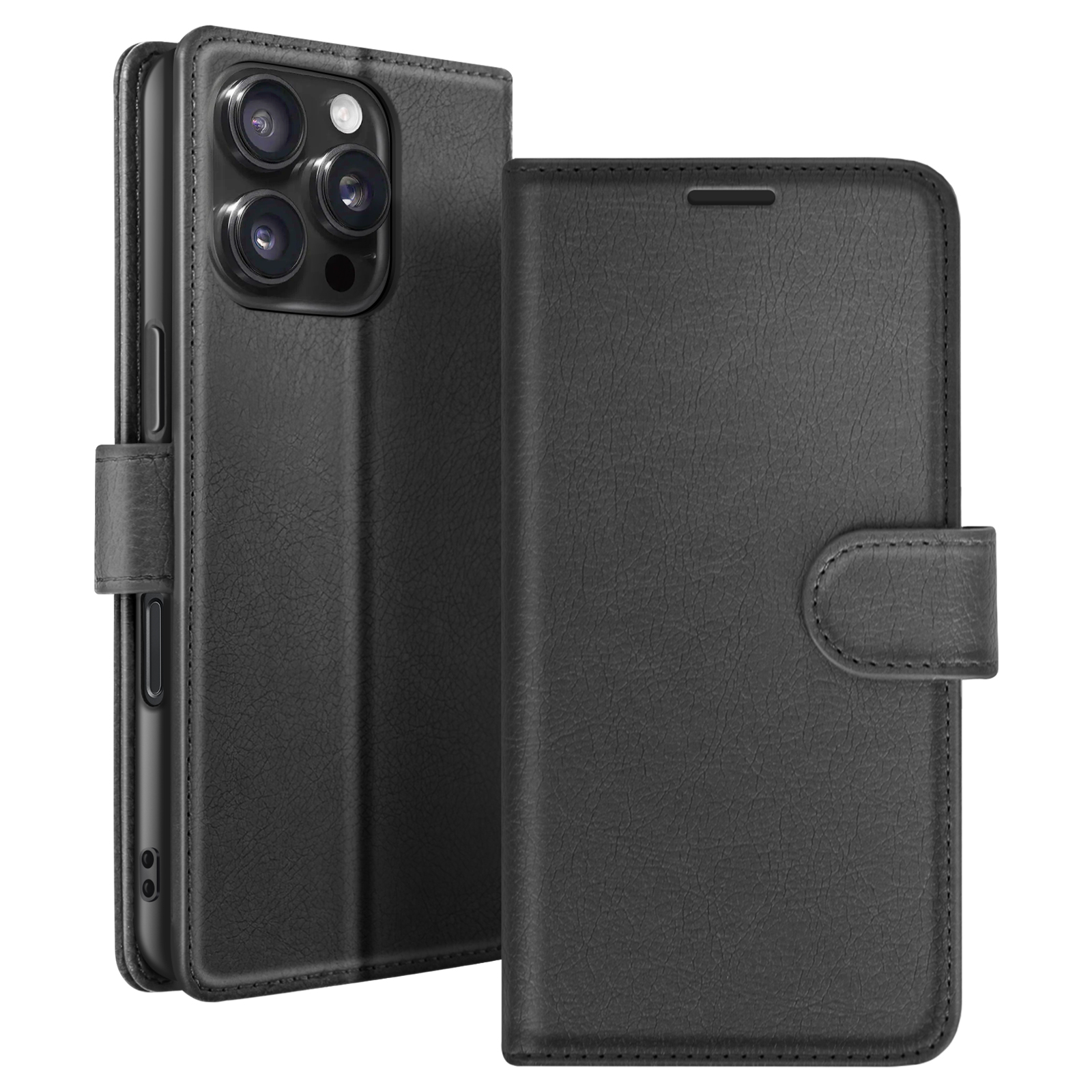Zwarte leren telefoonhoes, open om de telefoon te laten zien. Voorzien van een magnetische sluiting en meerdere cameralenzen.