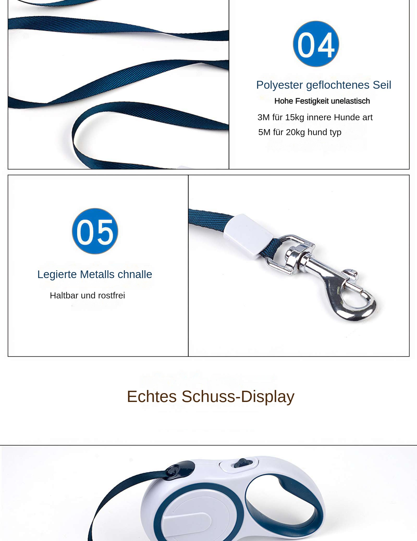 Das Bild zeigt eine Hundeleine mit blauen Details. Der Text auf Deutsch beschreibt das Leinenmaterial und die Eigenschaften.