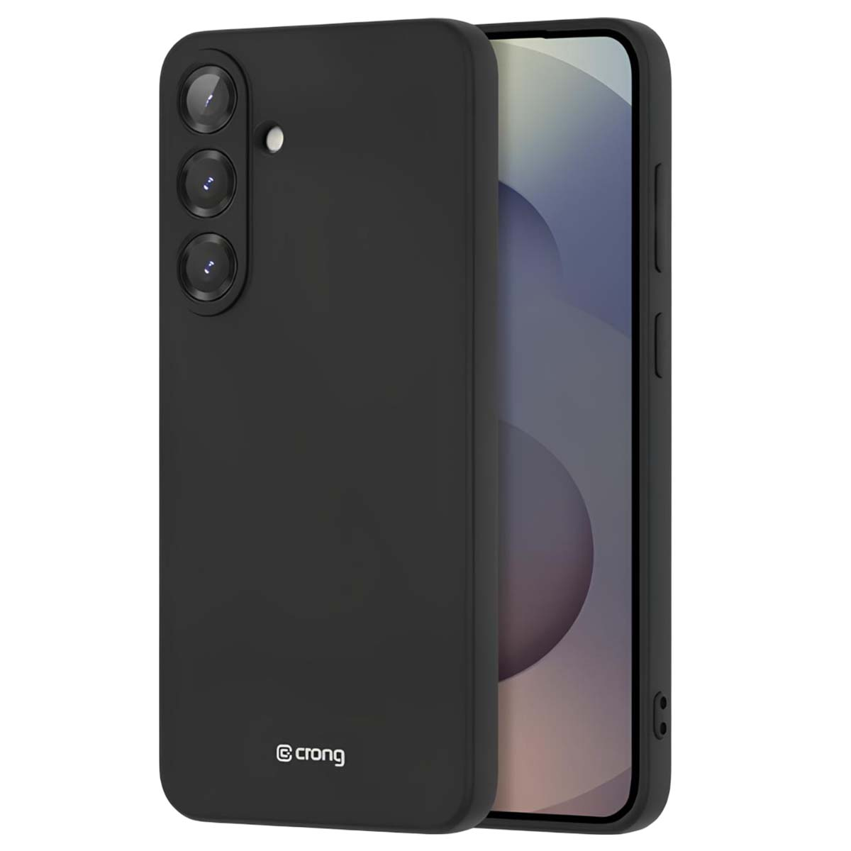 Uno smartphone nero in una custodia protettiva nera. Lo schermo è visibile. La custodia ha il marchio 'crong' in basso.