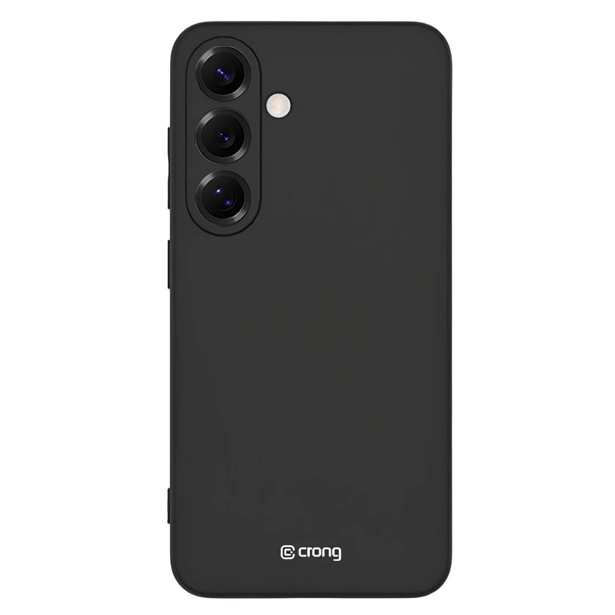 Custodia nera per telefono con tre lenti della fotocamera e un piccolo punto bianco. Il marchio 'crong' è visibile in basso.