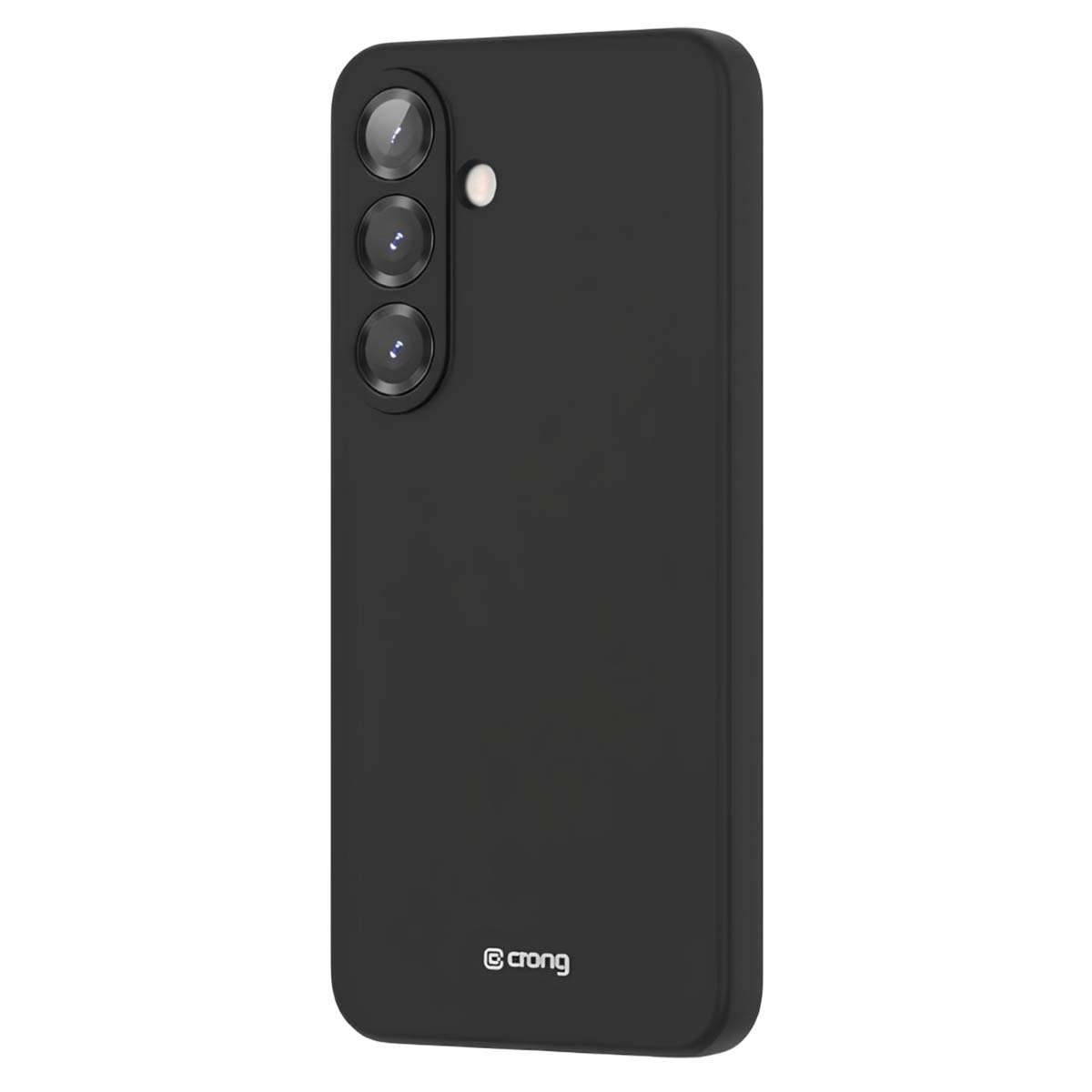 Una custodia nera per smartphone con tre obiettivi e un flash sul retro. Il marchio "crong" è visibile.