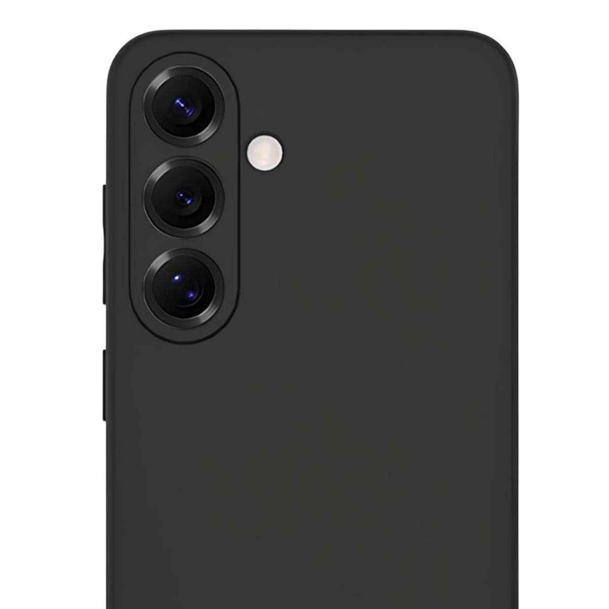 Primo piano di un telefono nero. Tre lenti della fotocamera sono impilate verticalmente, con un flash sopra di esse. Il lato del telefono mostra pulsanti.