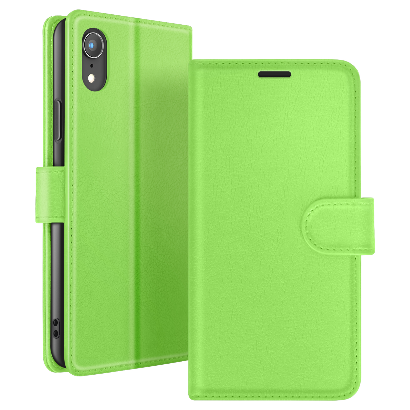 Un étui de téléphone vert citron avec un téléphone à l'intérieur. L'étui est ouvert, montrant l'appareil photo et l'écran du téléphone.