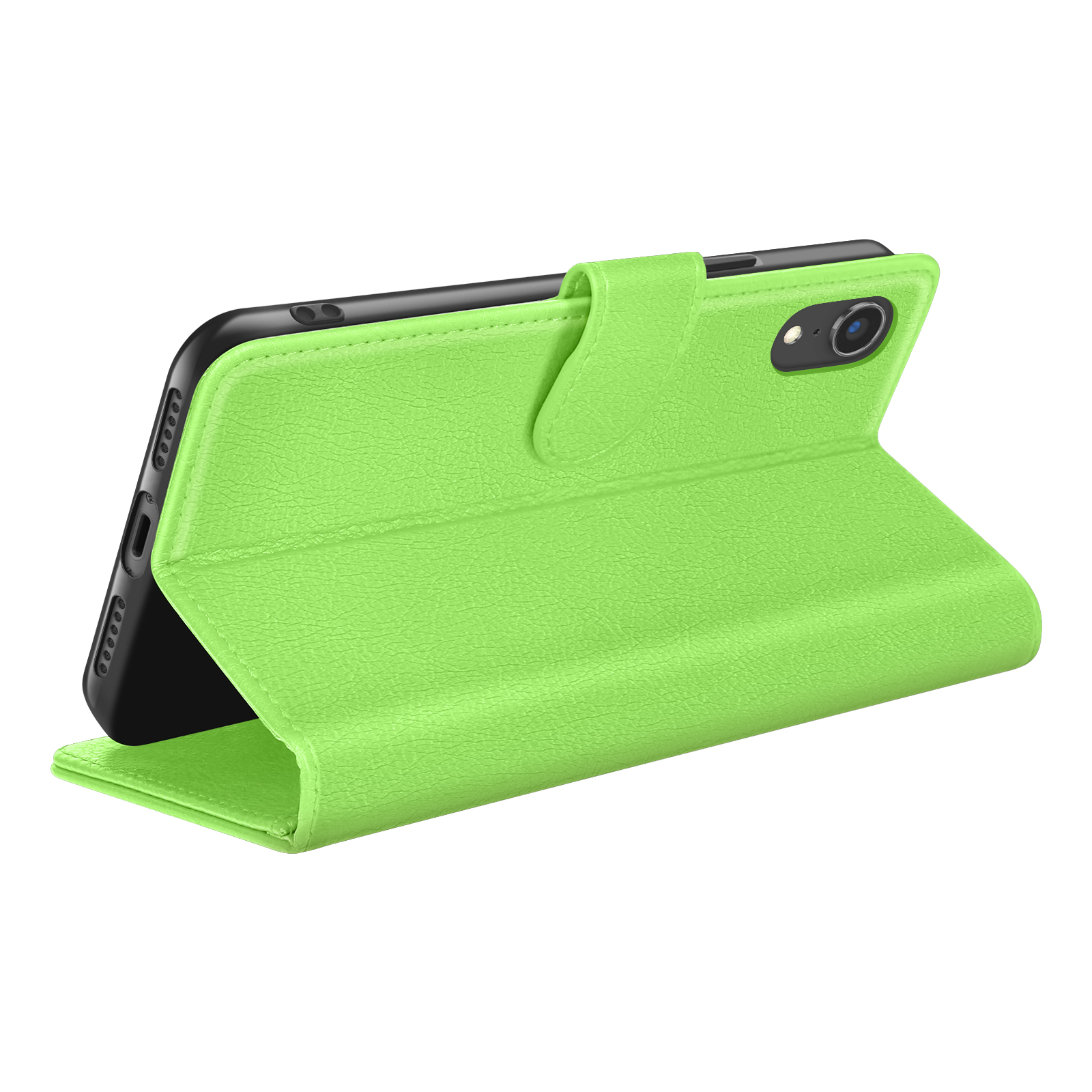 Un étui de téléphone vert citron, partiellement ouvert, avec un téléphone noir à l'intérieur. L'étui a une texture semblable au cuir.