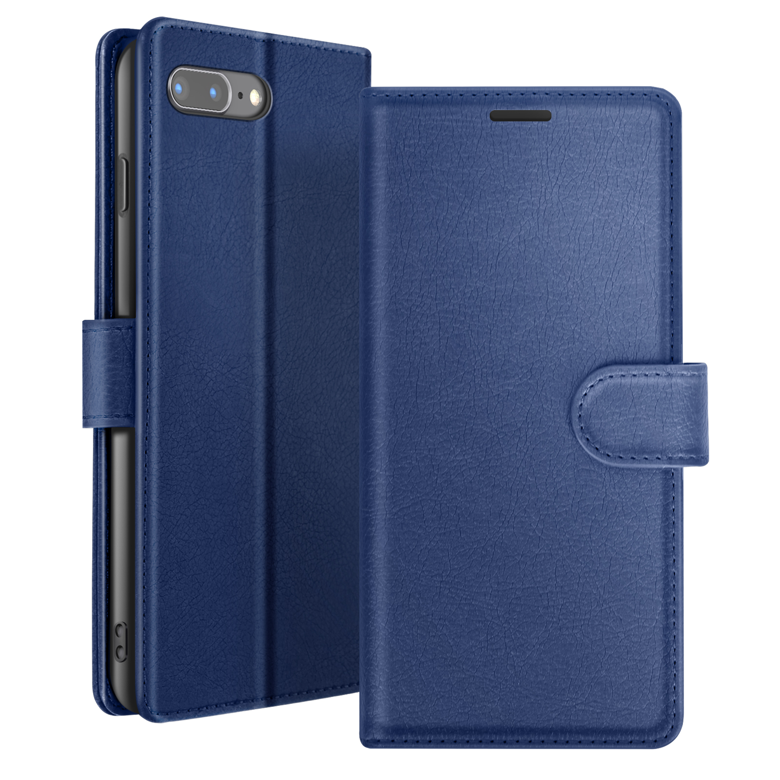 Een blauwe leren telefoonhoes met een telefoon erin. De hoes is open, met een magnetische sluiting.