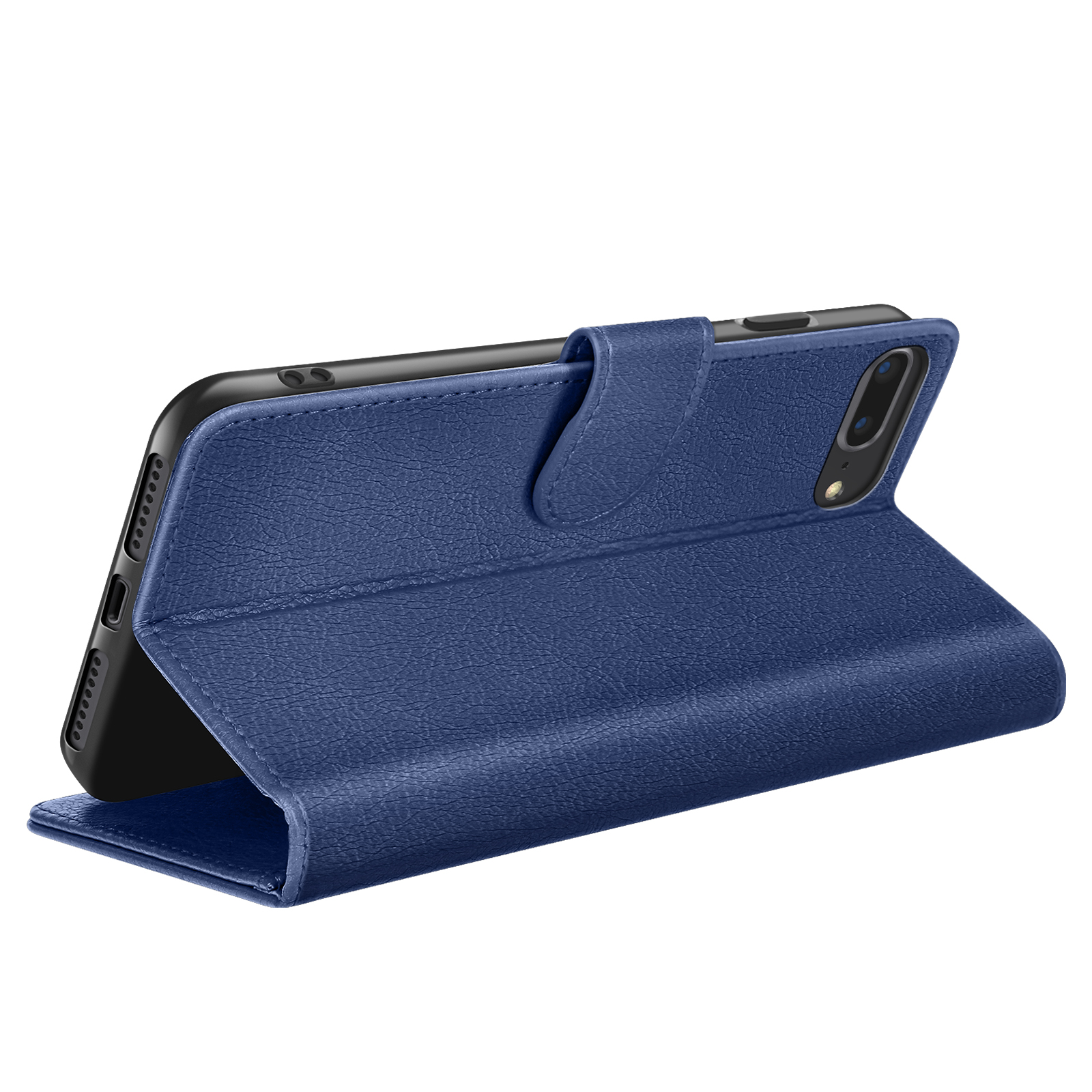 Een blauwe telefoonhoes met leertextuur. De telefoon zit erin. De hoes is open. Witte achtergrond.