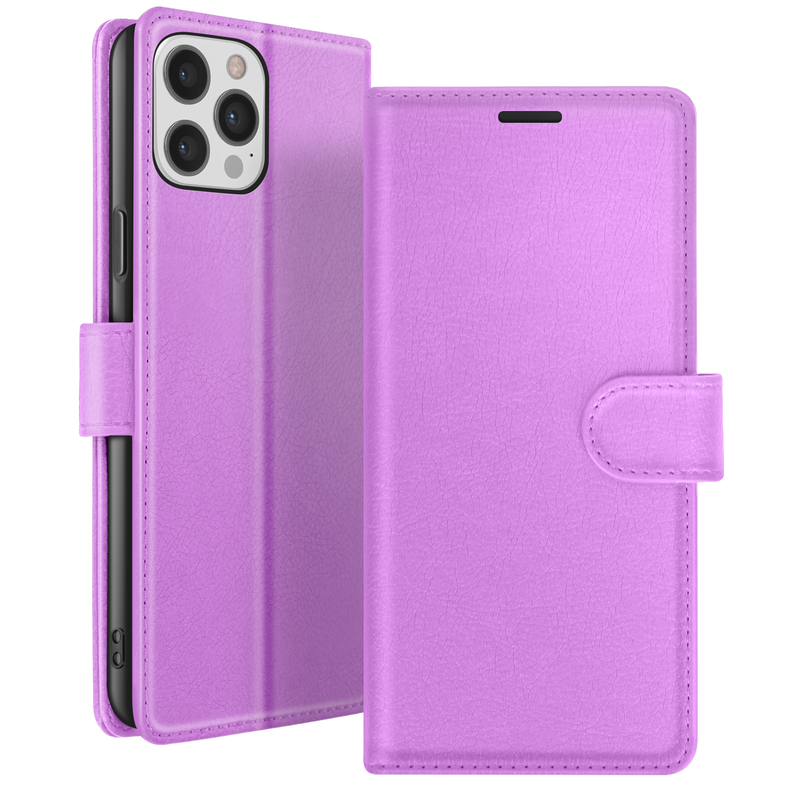 Een lila telefoonhoesje, open om een zwarte telefoon te onthullen. De hoes heeft een knoopsluiting. Witte achtergrond.