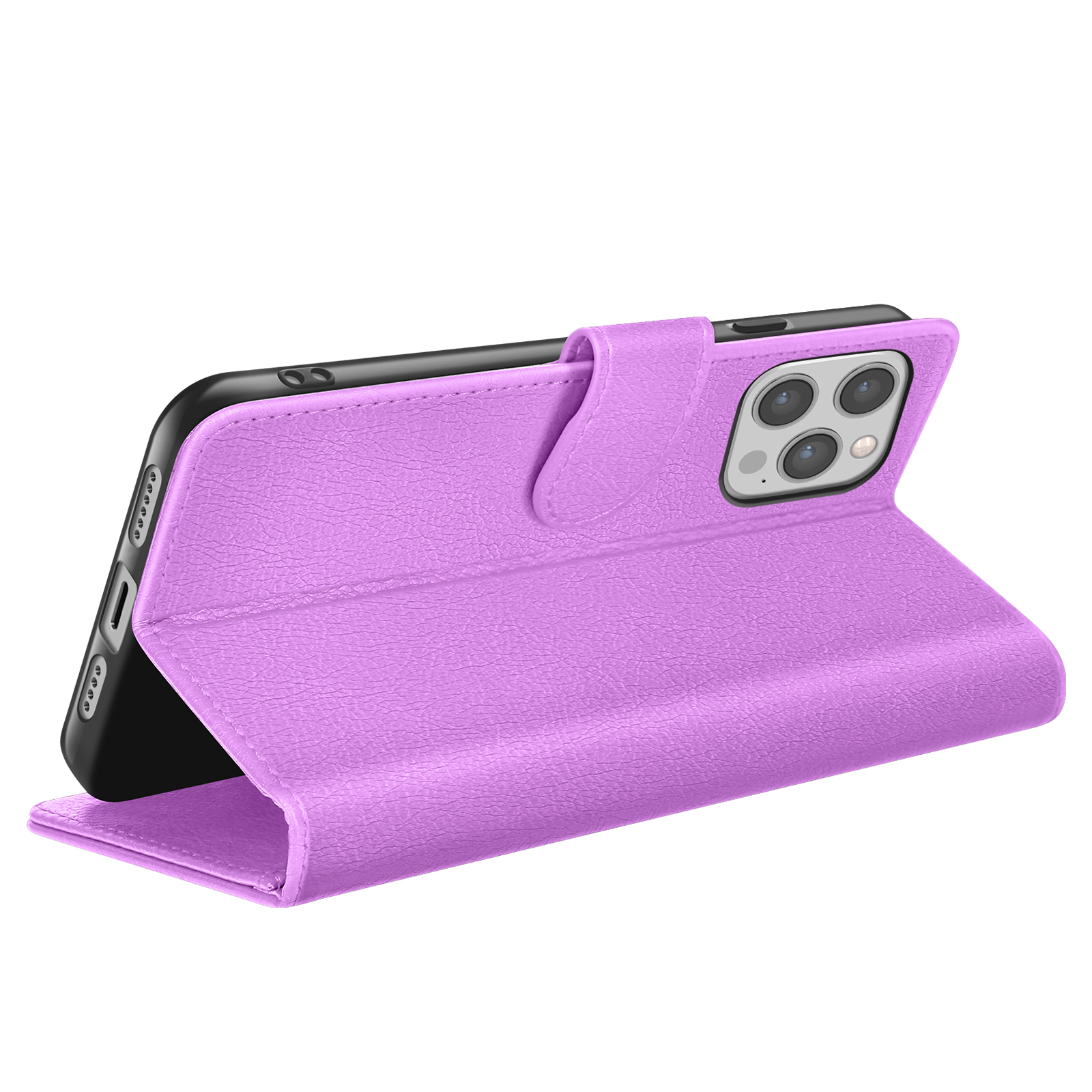 Een lavendelkleurige telefoonhoes met een telefoon erin. De hoes is open en onthult de camera en knoppen van de telefoon.
