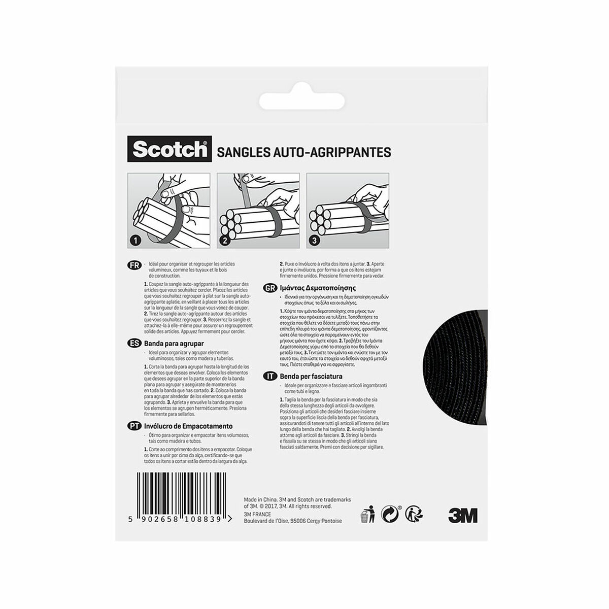 Weiße Produktverpackung mit Anweisungen und Illustrationen zur Verwendung schwarzer Bündelriemen.