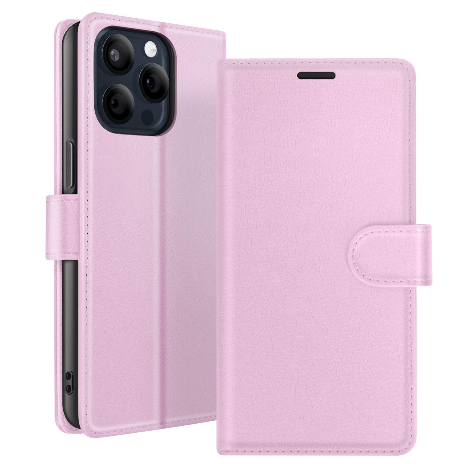 Roze leren telefoonhoes, open om de telefoon met meerdere camera's te onthullen. De hoes heeft een magnetische sluiting.