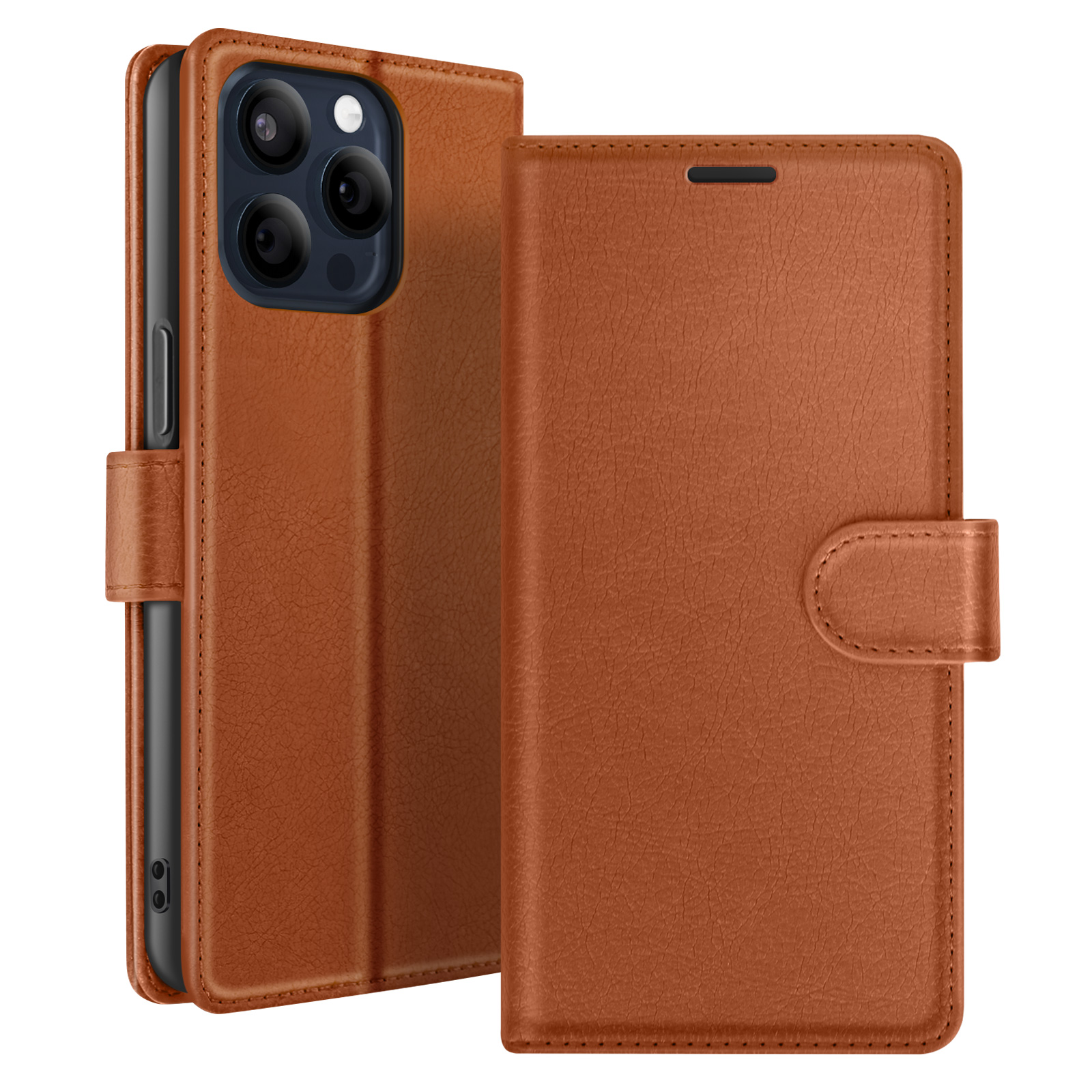 Een bruine leren telefoonhoes is open en toont een telefoon. De hoes heeft een flap met een magnetische sluiting.