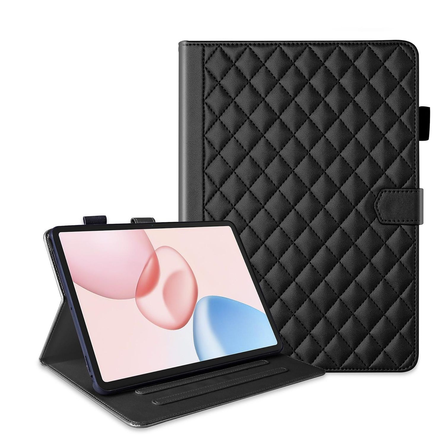 Eine schwarze Tablet-Hülle mit Steppmuster. Ein Tablet mit einem abstrakten rosa und blauen Bildschirm befindet sich in der offenen Hülle.