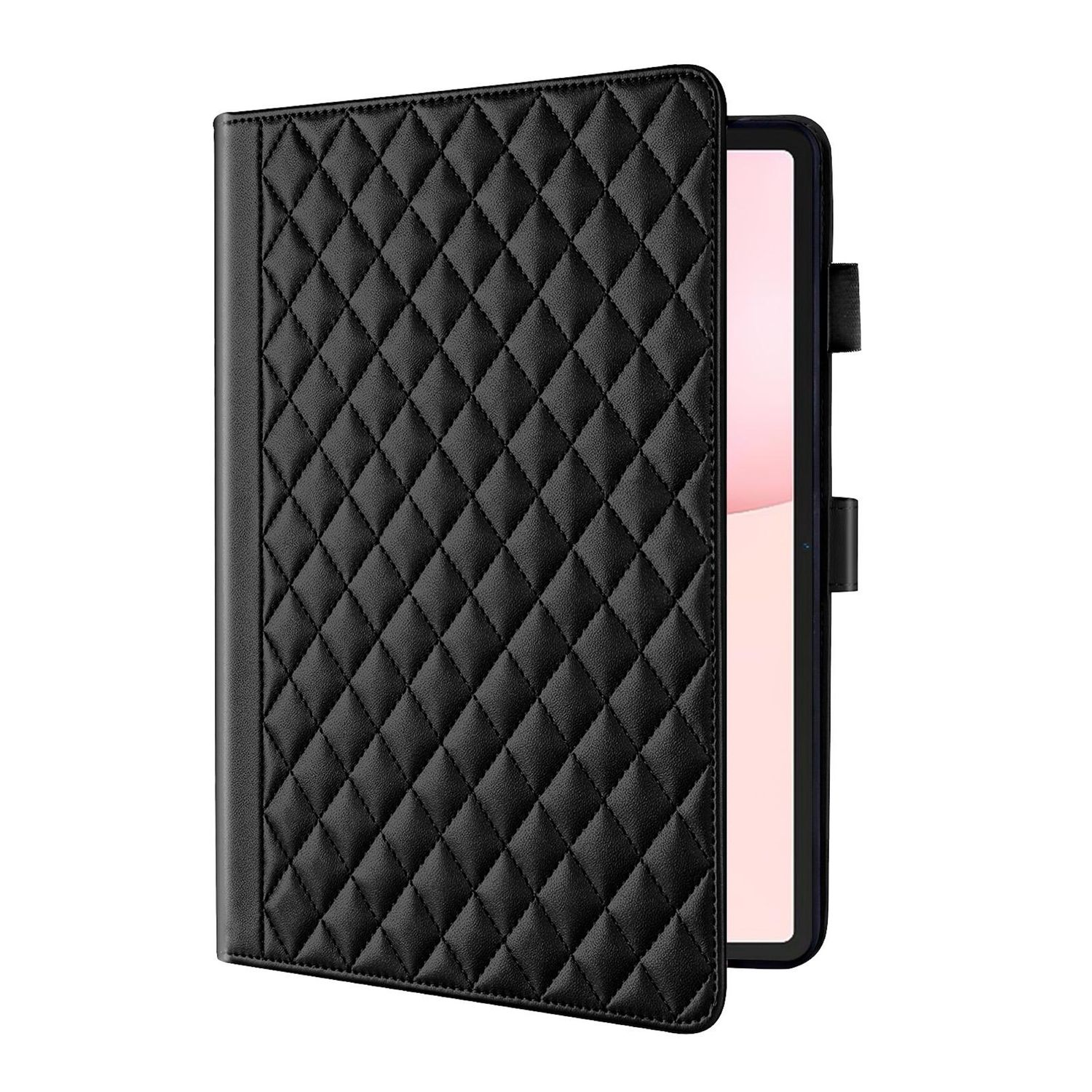 Schwarze, gesteppte Tablethülle mit einem Tablet darin. Die Hülle ist teilweise geöffnet und gibt den Bildschirm frei.