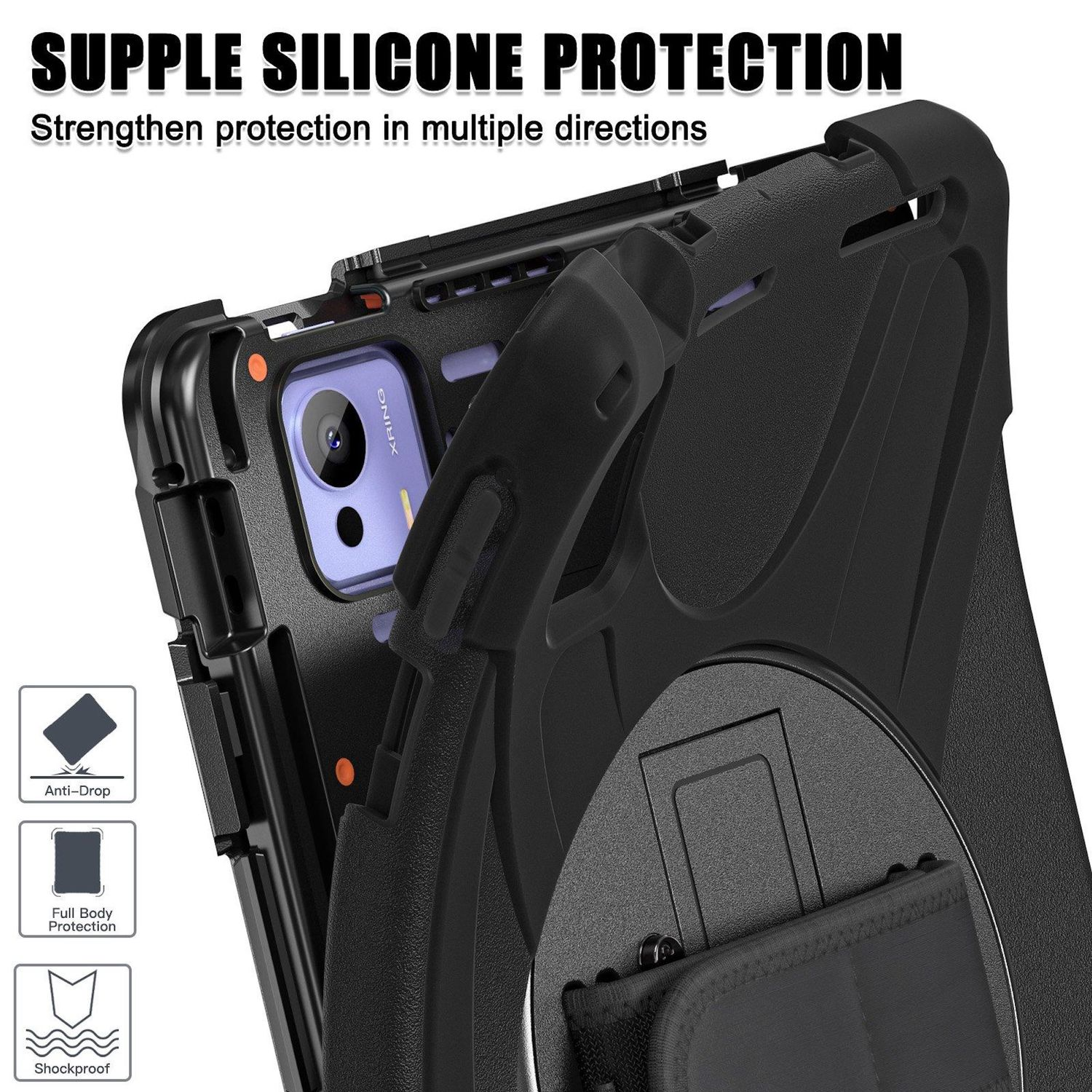 Funda negra para tableta con texto 'SUPPLE SILICONE PROTECTION', iconos de protección y tableta parcialmente visible.