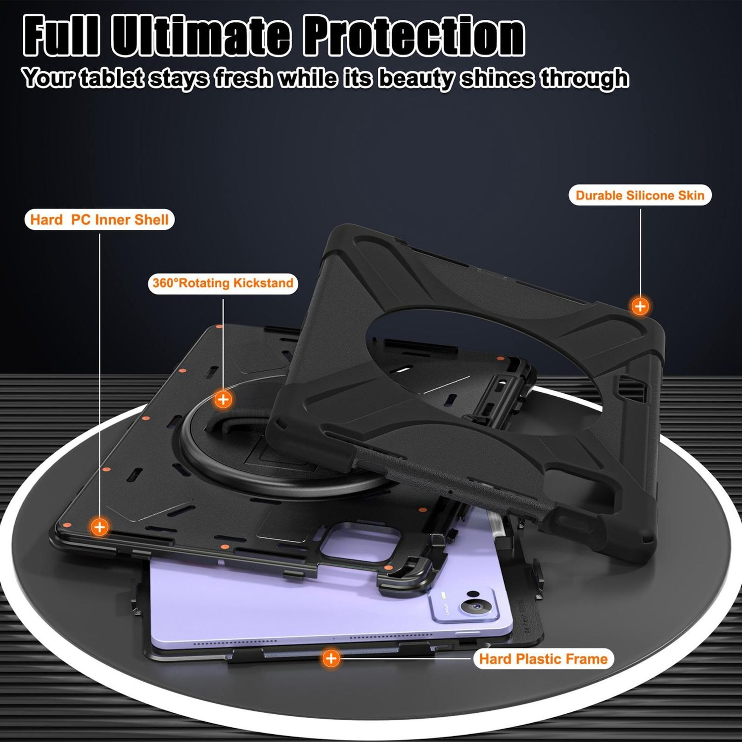 Una funda negra para tableta con soporte giratorio. La funda está en partes, mostrando la carcasa interna de PC dura y la piel de silicona duradera.