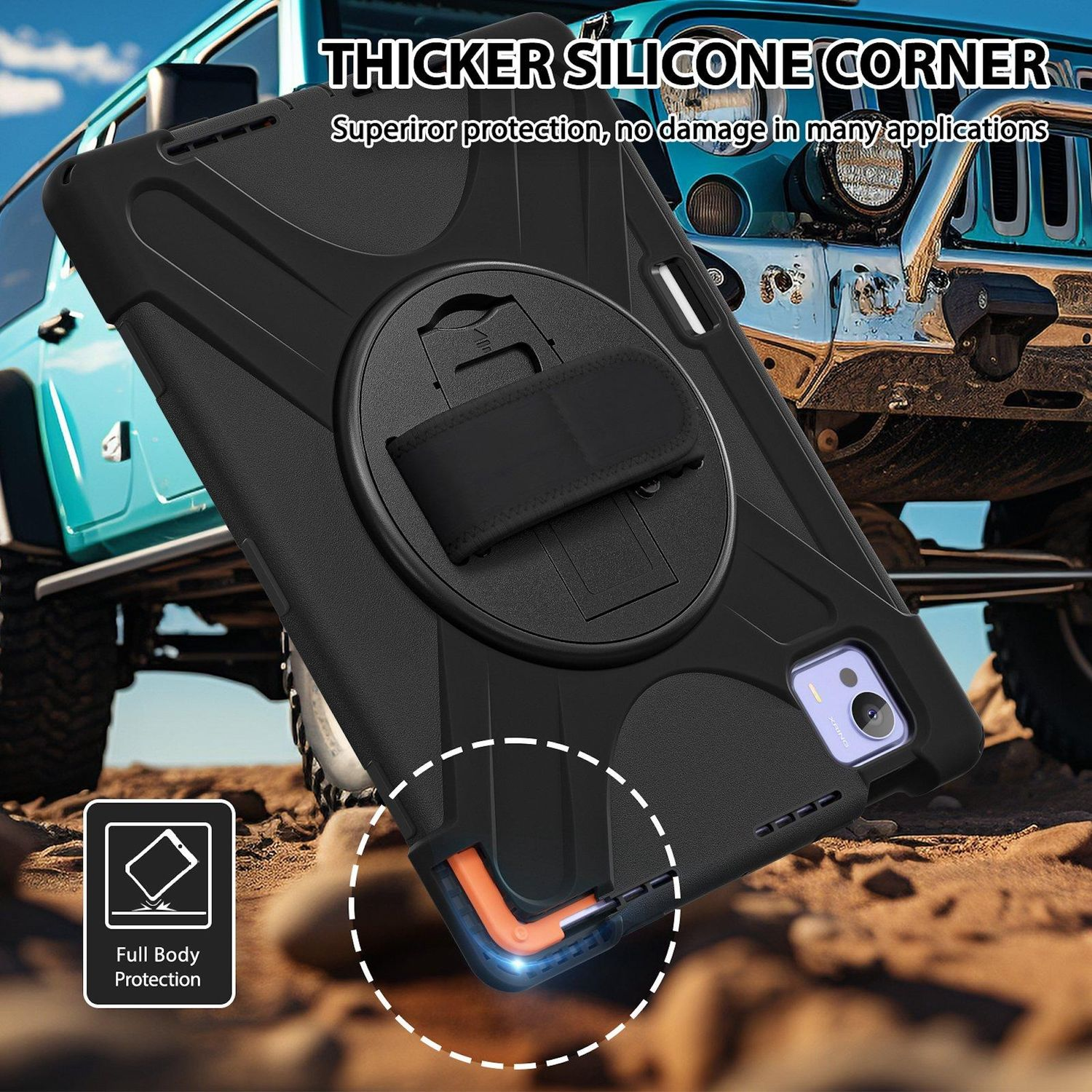Funda negra para tablet con correa de mano, que muestra protección de esquinas. Un vehículo turquesa en el fondo. La funda dice 'Full Body Protection'.