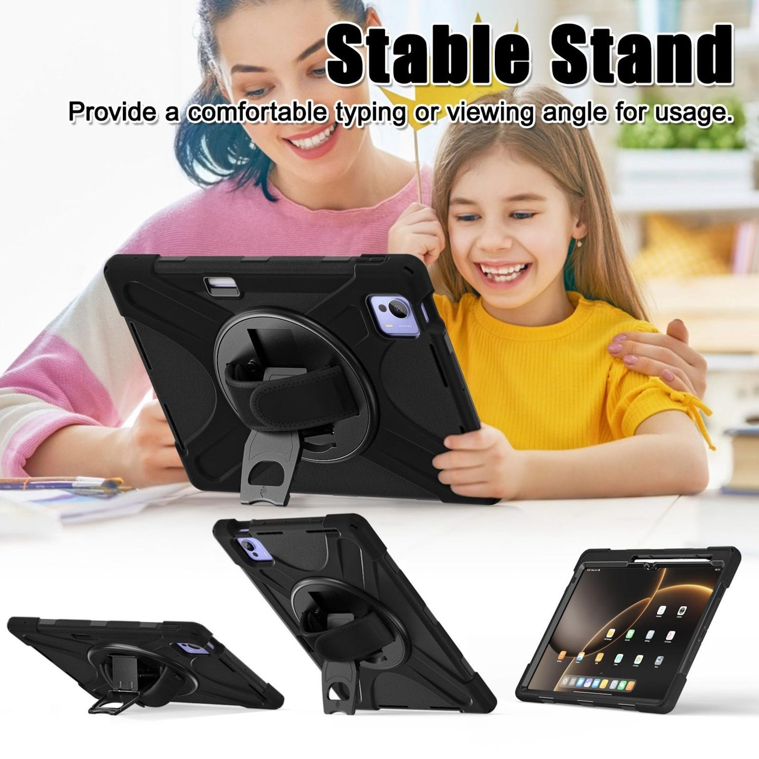 Una mujer y una niña usan una tableta con una funda negra. La tableta está en un soporte. El texto dice 'Stable Stand'.