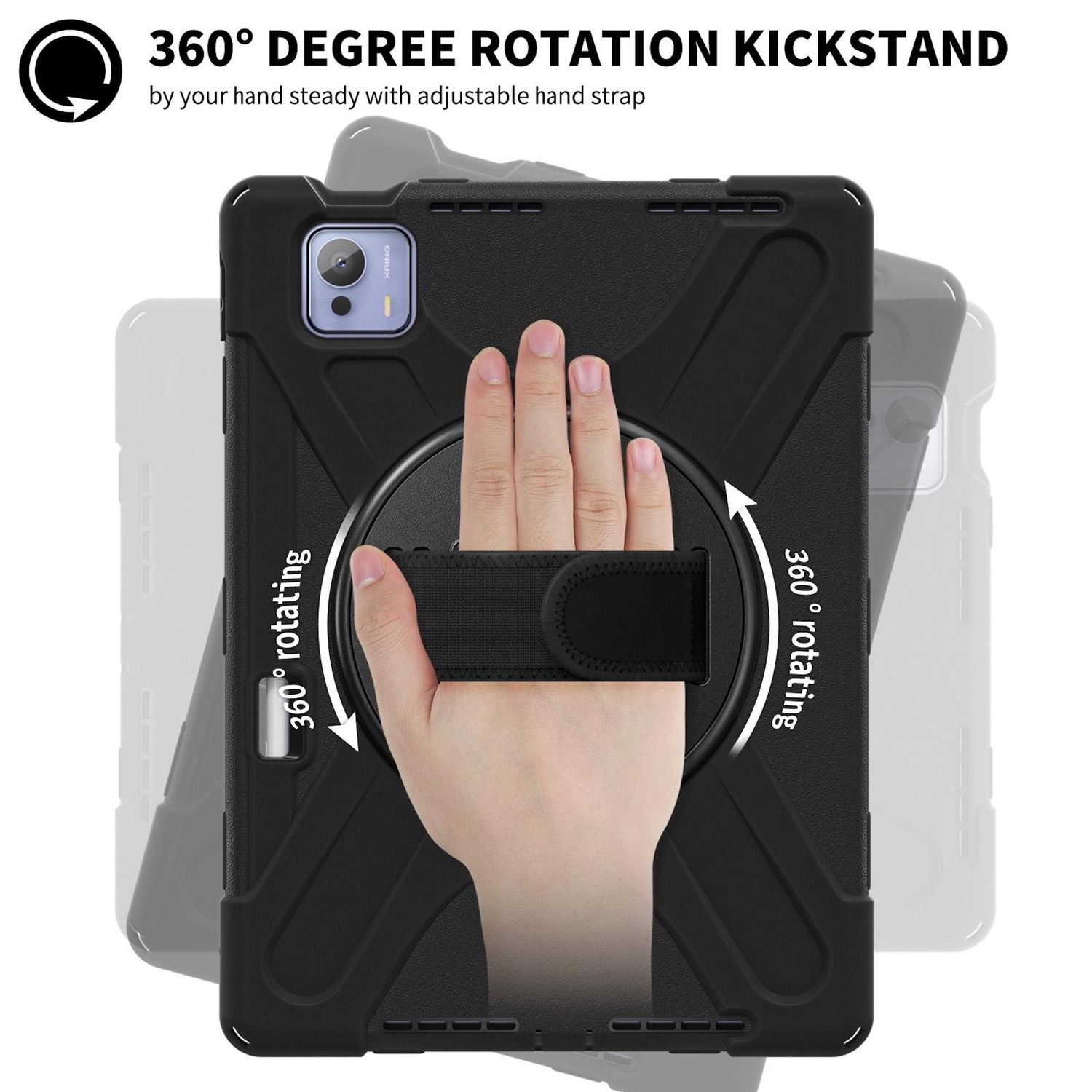 Una funda negra para tableta con correa de mano, etiquetada como 'soporte giratorio 360 grados'. Una mano sujeta la correa.