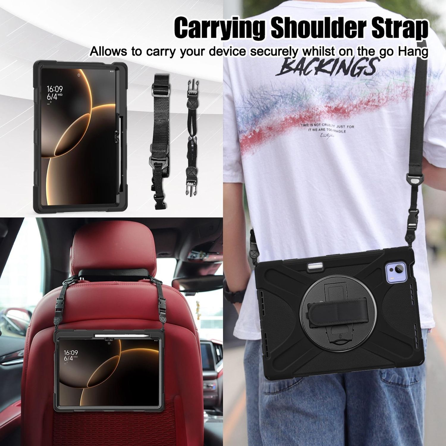 Una tableta en una funda protectora con correa para el hombro es llevada por una persona. Otra tableta está sujeta al asiento del coche.