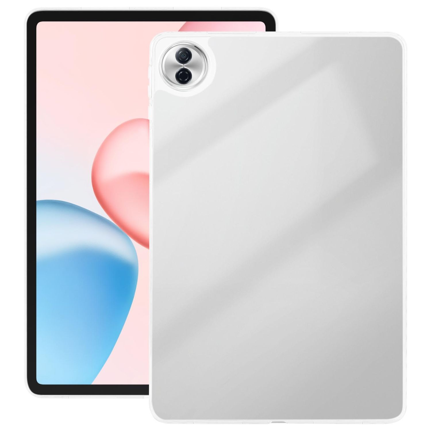 Tablet mit transparenter Hülle. Der Bildschirm zeigt ein abstraktes Design in Rosa und Blau. Die Hülle hat Kameralinsen auf der Rückseite.