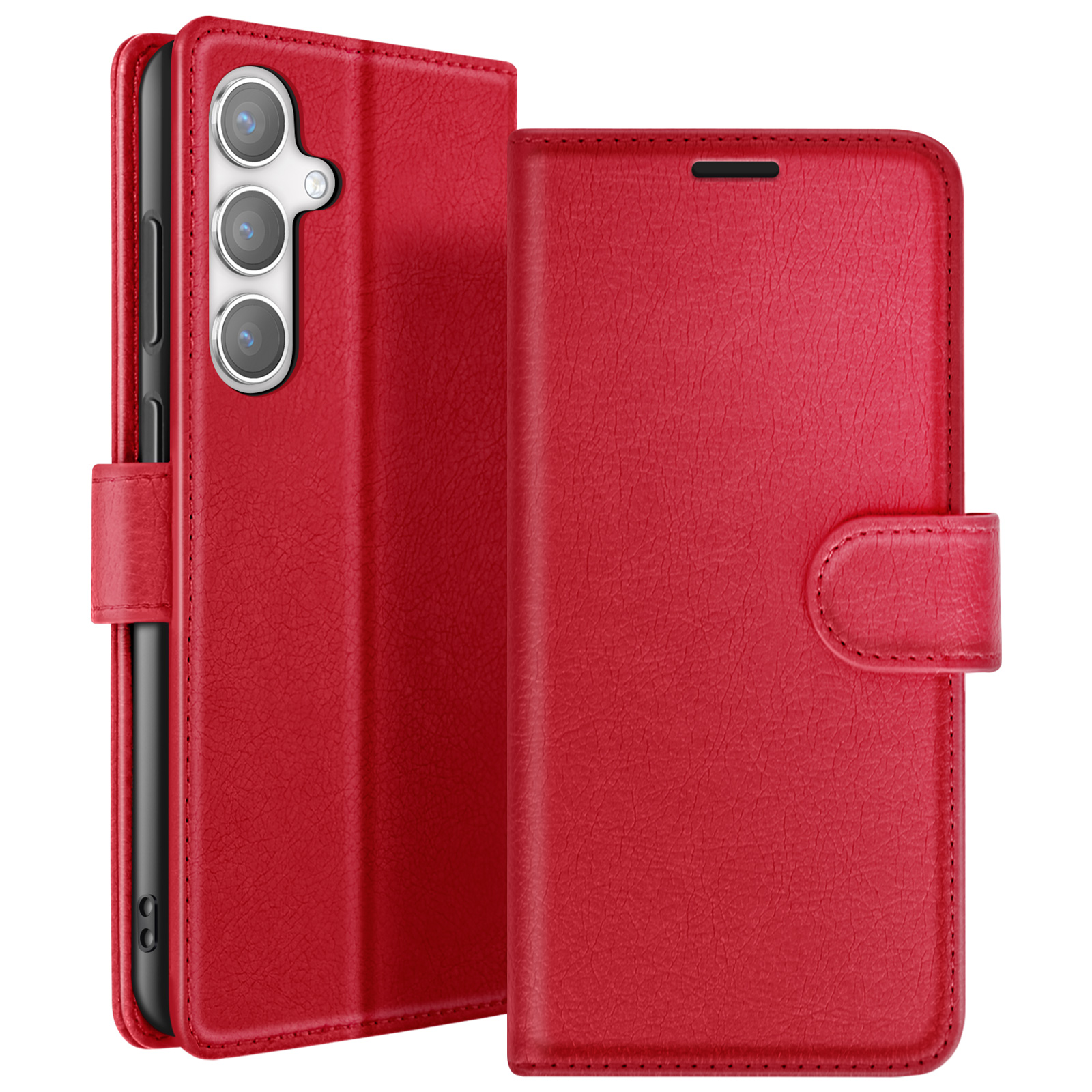 Étui de téléphone en cuir rouge ouvert. Il possède une fermeture magnétique et un emplacement pour l'appareil photo.
