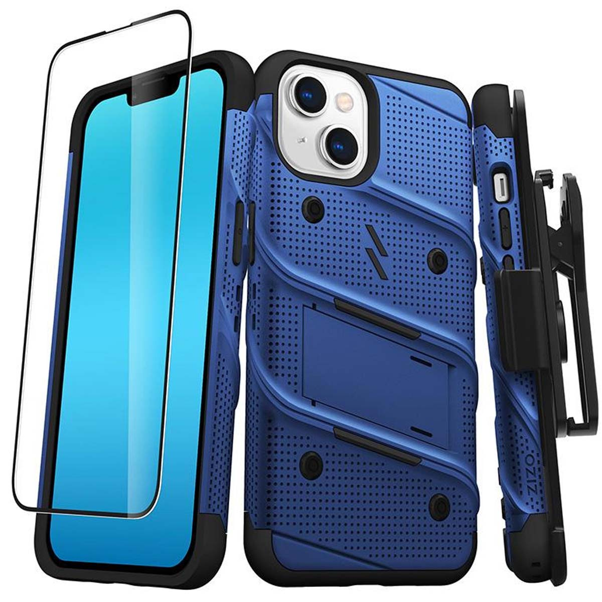 Una custodia blu per telefono con protezione schermo e clip da cintura nera. Telefono non incluso. La custodia ha un supporto.