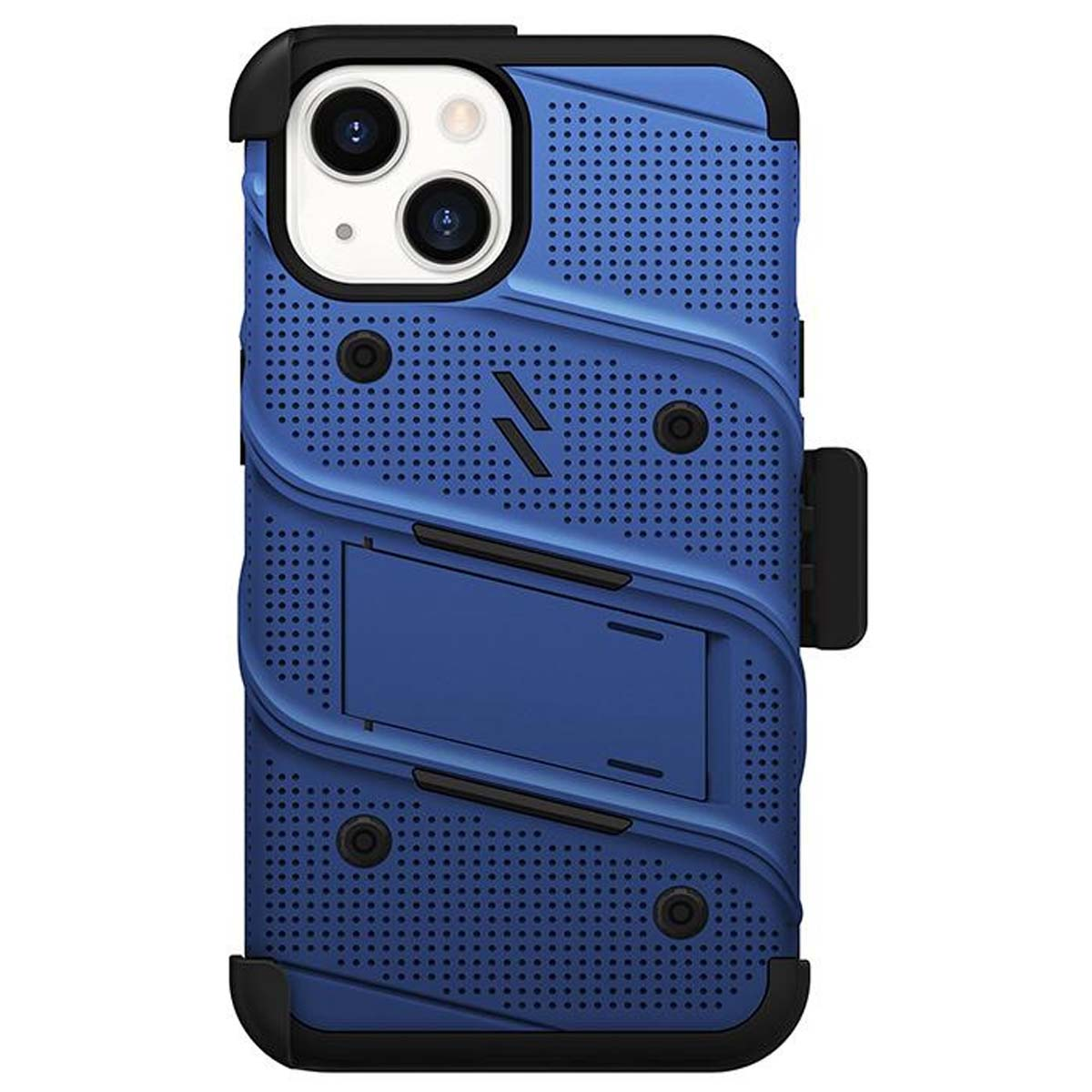 Custodia blu per telefono con dettagli neri, con supporto e fori per la fotocamera. La custodia ha una superficie strutturata.