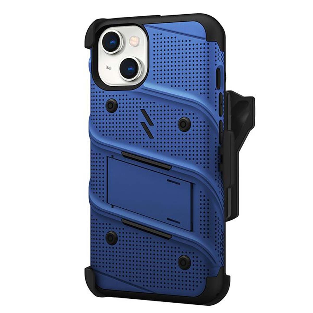 Custodia per telefono blu e nera con supporto. Ha un ritaglio per la fotocamera e una clip da cintura. Design perforato.