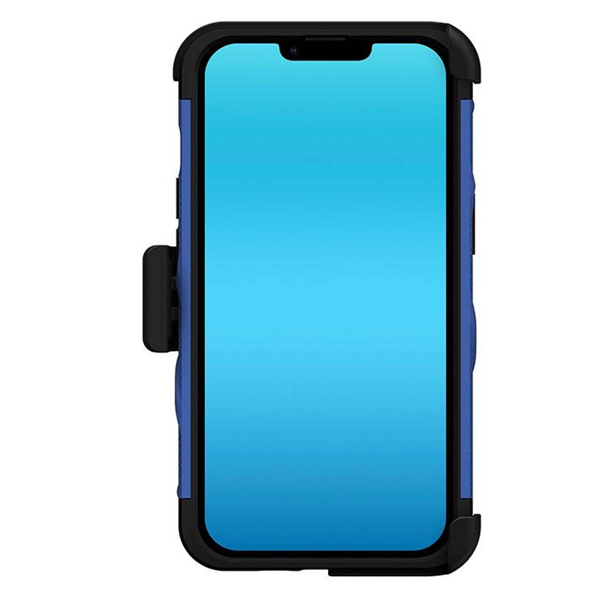 Uno smartphone in una custodia protettiva nera e blu. Lo schermo è blu. La custodia ha una clip da cintura laterale.
