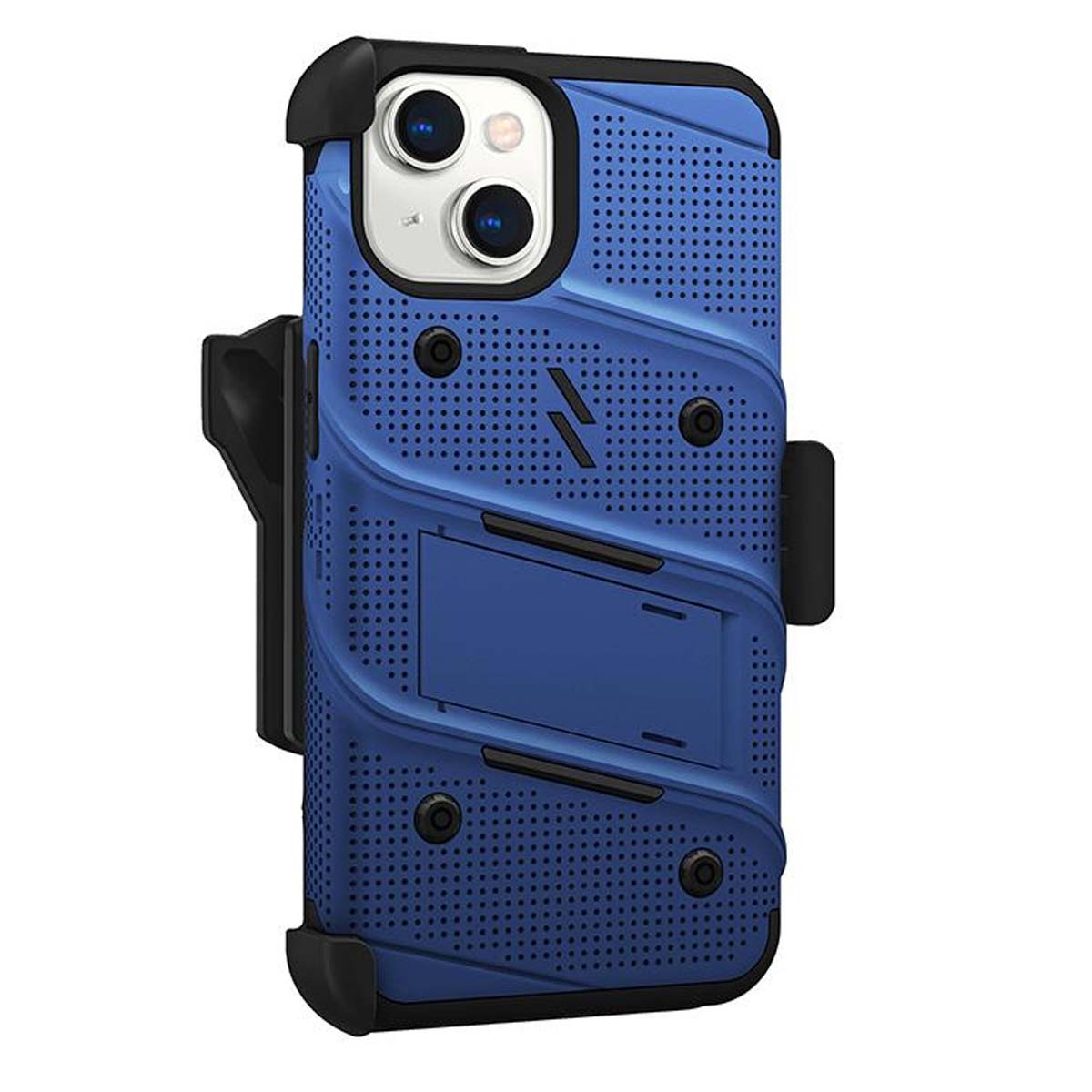 Una custodia blu per telefono con una clip nera sul lato. La custodia ha una serie di fori e un supporto.