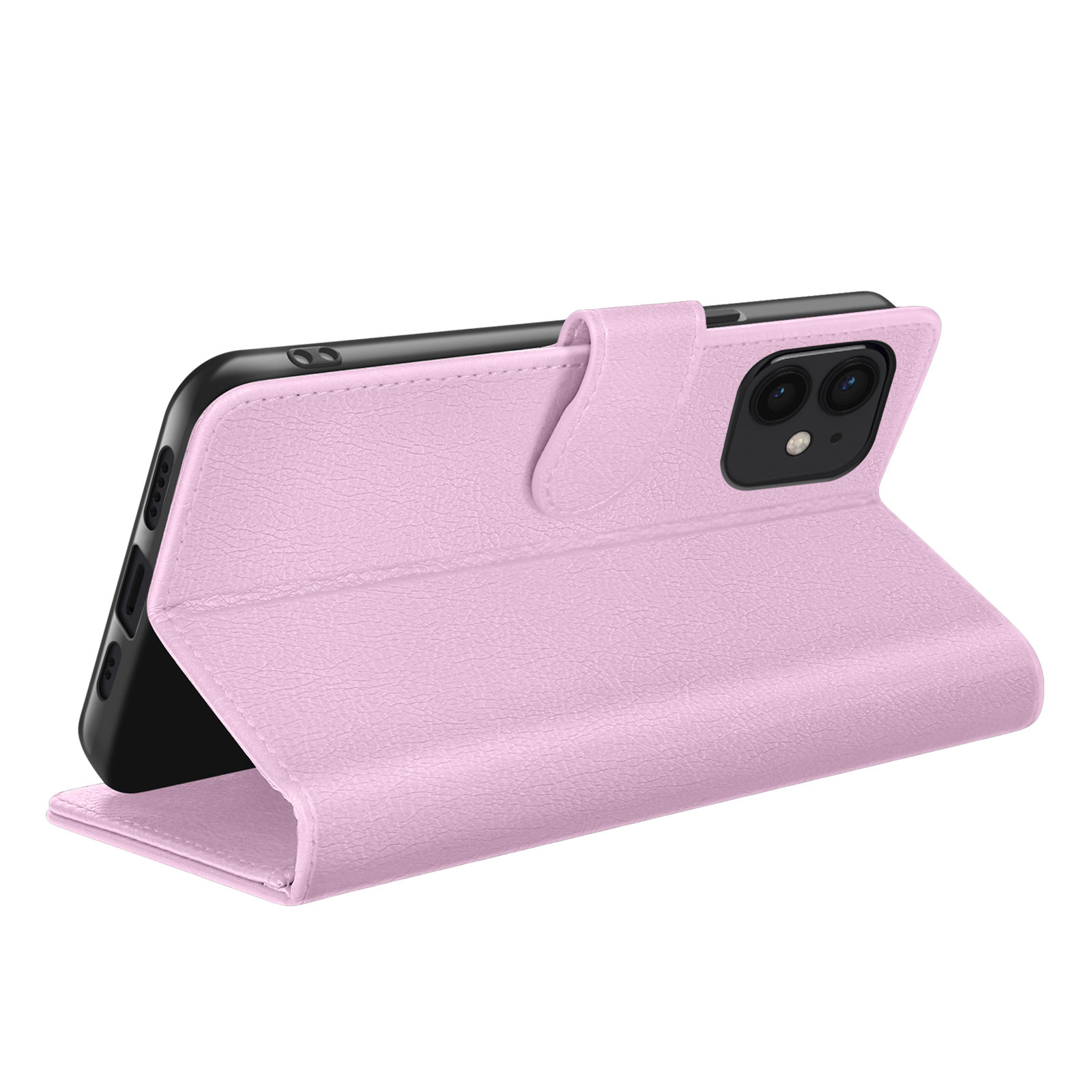Een roze leren telefoonhoesje in open boekstijl. Een zwarte telefoon zit in de hoes.