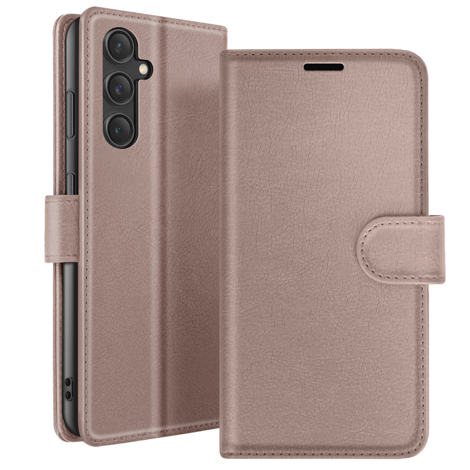 Un étui de téléphone rose avec un rabat. Il possède une fermeture magnétique et un aspect cuir texturé.