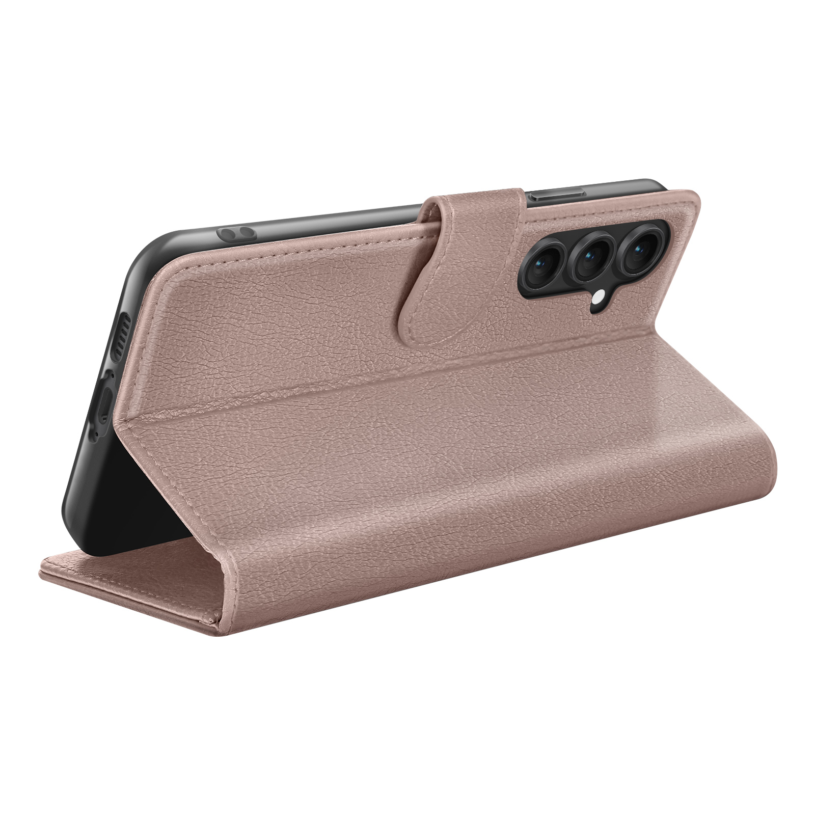 Un étui de téléphone rose en texture cuir, ouvert pour révéler le téléphone. Le téléphone a trois caméras.