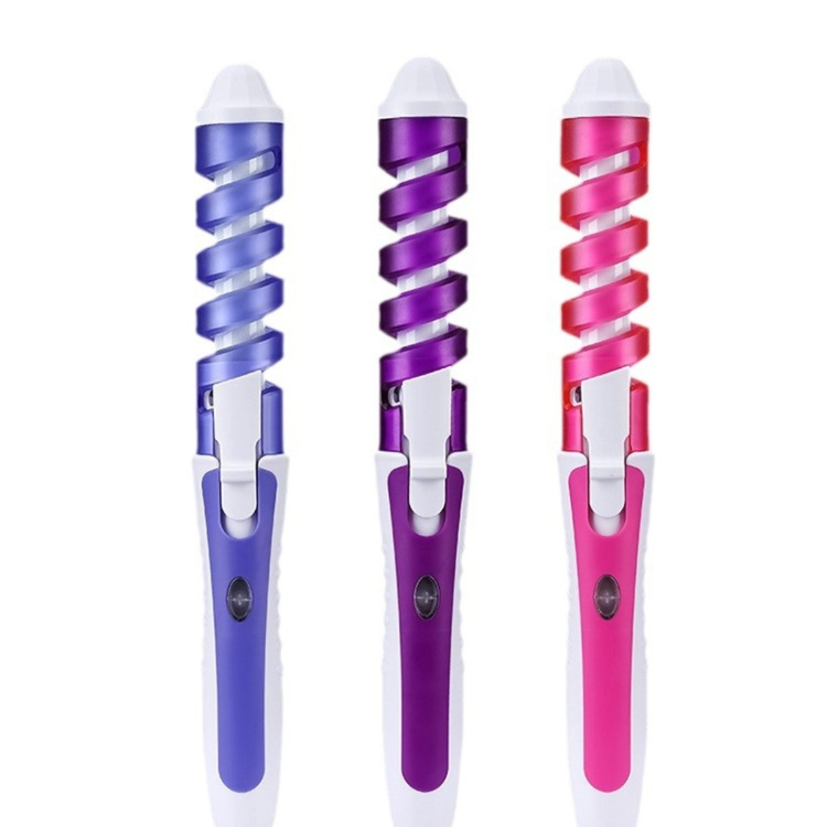 Drei Lockenstäbe: lila, rosa und blau. Jeder hat eine weiße Basis und einen Griff mit Ein-/Aus-Taste.