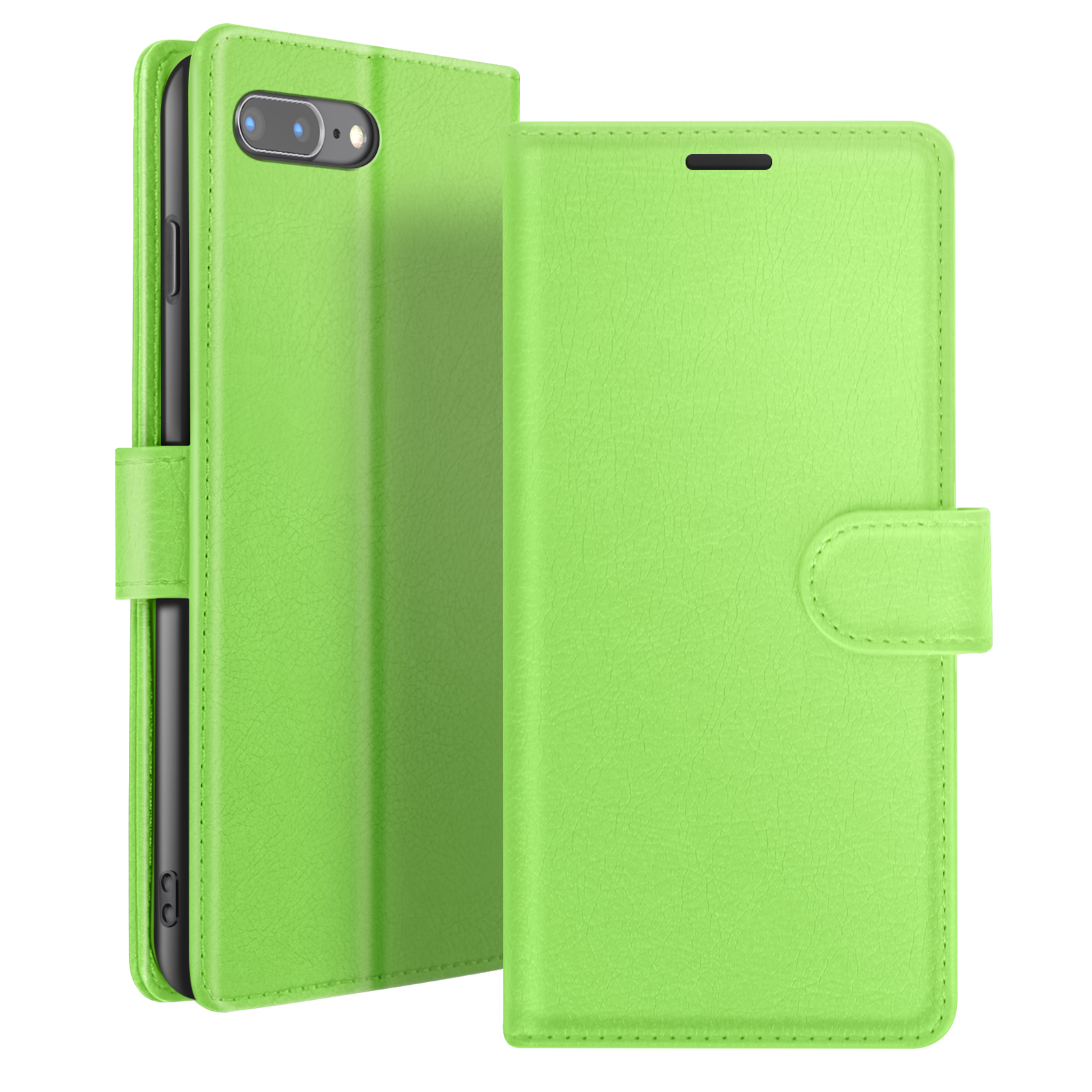 Een limoengroene telefoonhoes, open om een zwarte telefoon te laten zien. De hoes heeft een magnetische sluiting en een getextureerde afwerking.