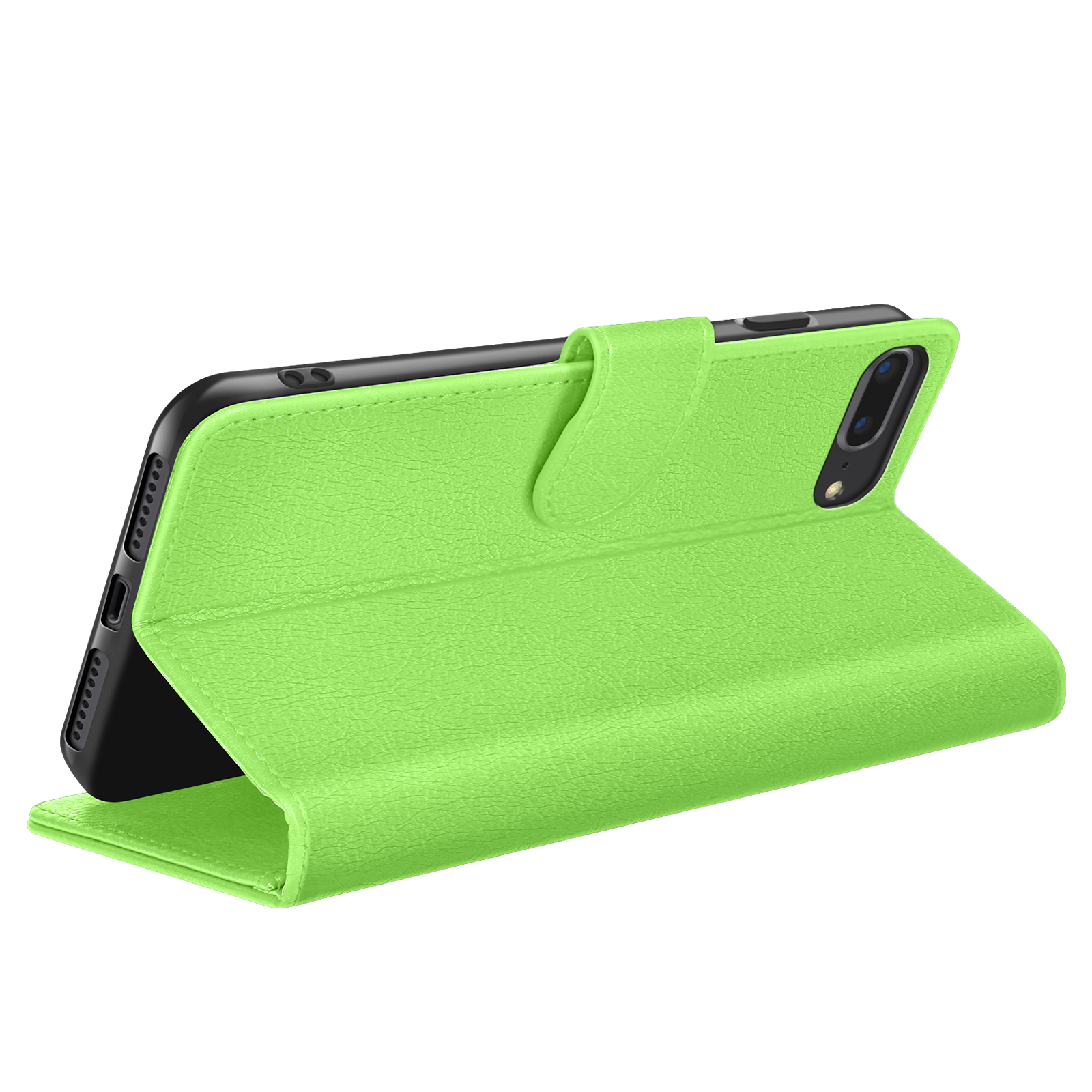 Een limoengroene telefoonhoes in folio-stijl. De telefoon is zwart. De hoes heeft een gestructureerd oppervlak en een magnetische sluiting.