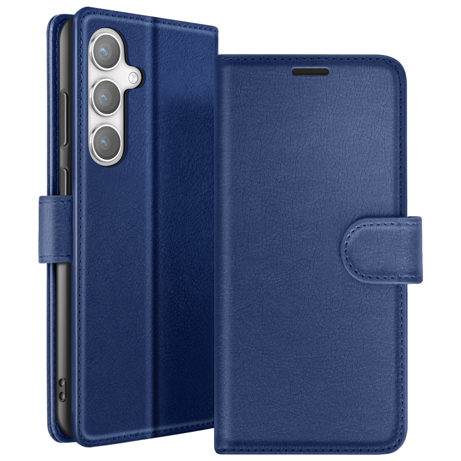Een blauwe leren telefoonhoes open, met een telefoon met drie cameralenzen. De hoes staat op een witte achtergrond.